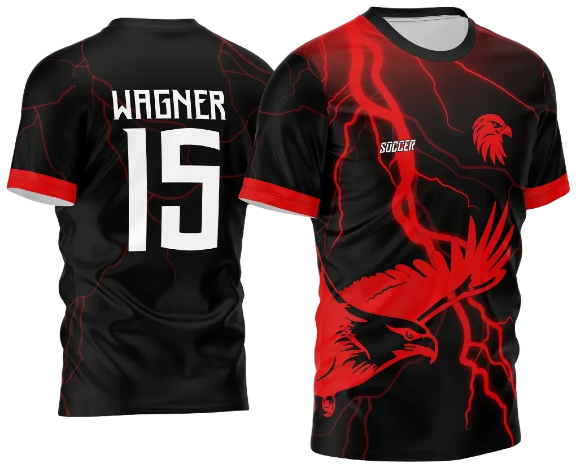 Camiseta unissex preta com logo no peito e estampa grande nas costas da Águia Vermelha InterClasse 2024, design impactante e moderno para eventos escolares e confraternizações.