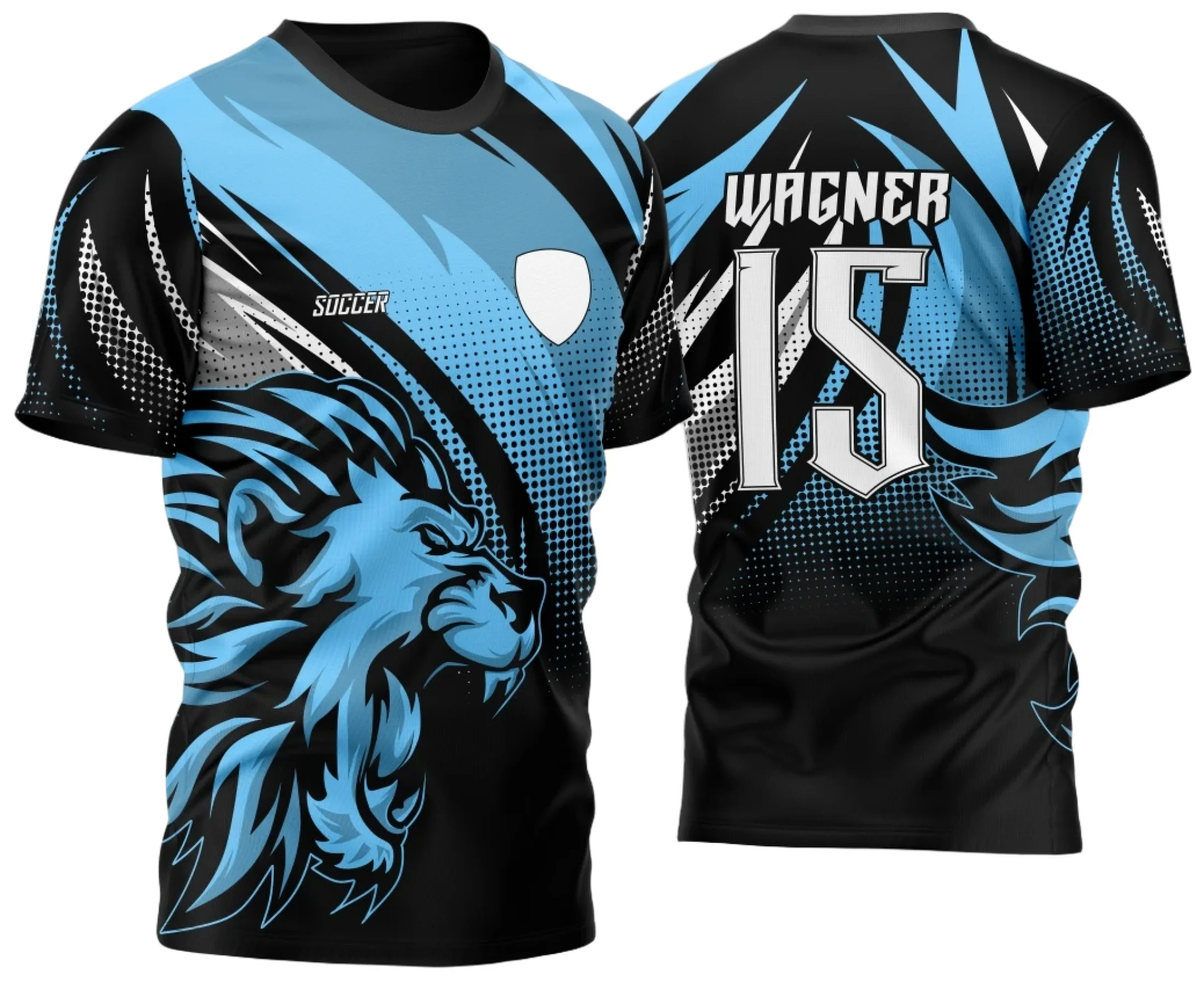 Camiseta unissex preta com logo no peito e estampa grande nas costas representando o Leão Azul do InterClasse 2024, ideal para quem quer orgulho e identificação em eventos escolares.