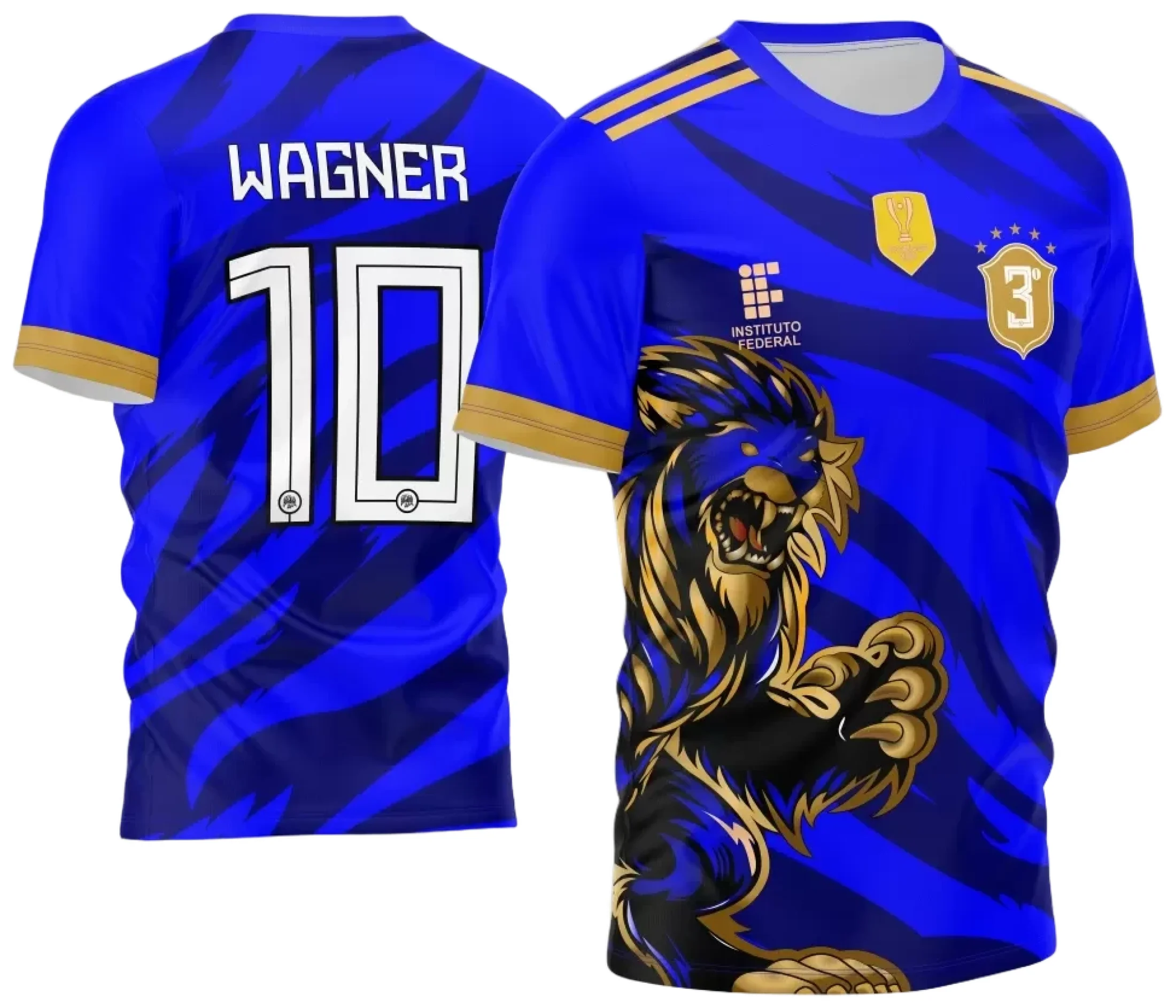 Camiseta unissex preta com logo no peito e estampa grande nas costas mostrando um leão azul estilizado, ideal para eventos InterClasse 2024, destacando força e união.