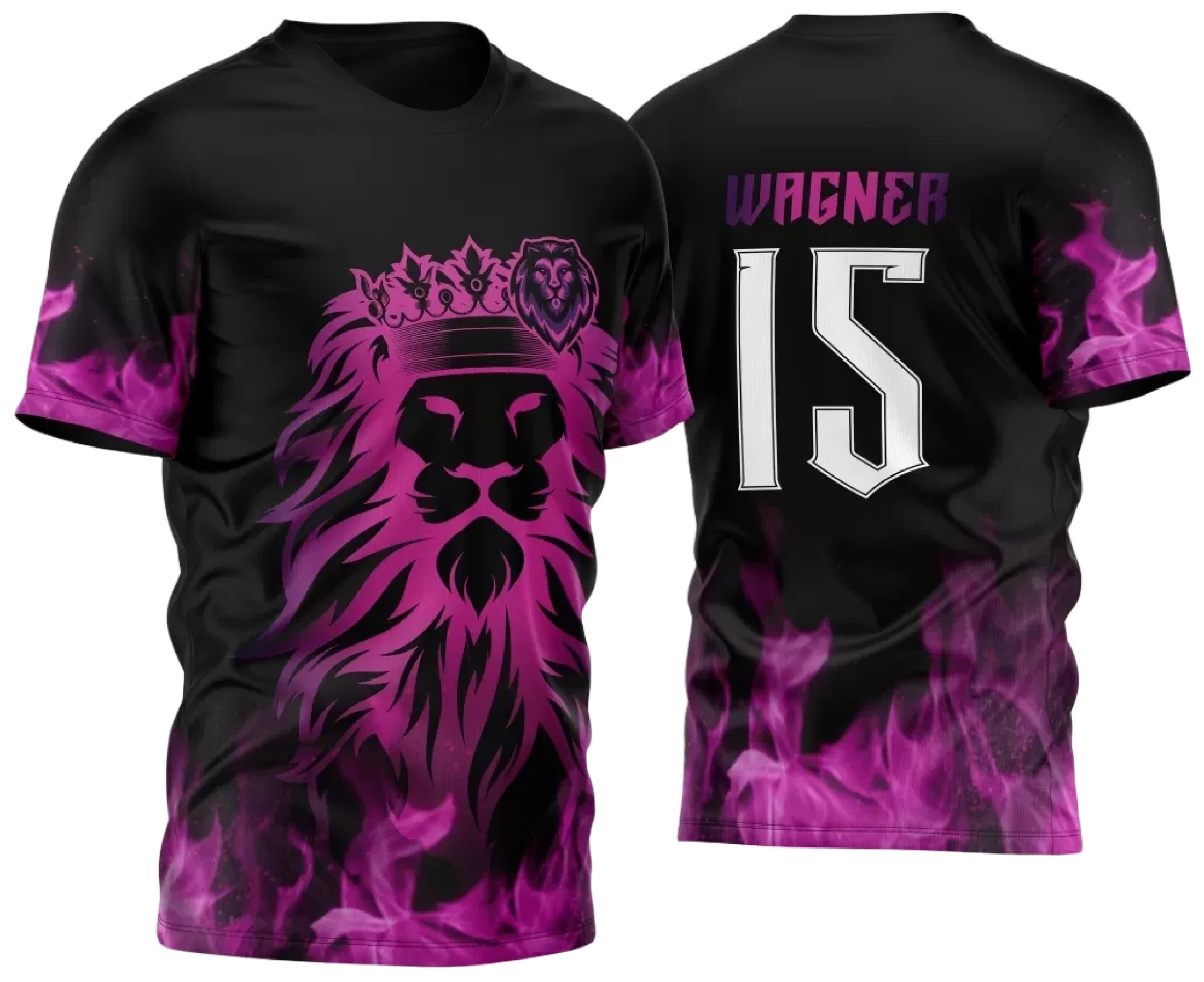 Camiseta unissex preta com logo no peito e estampa grande nas costas destacando um leão, tema InterClasse 2024, design moderno e vibrante para uso casual ou eventos.