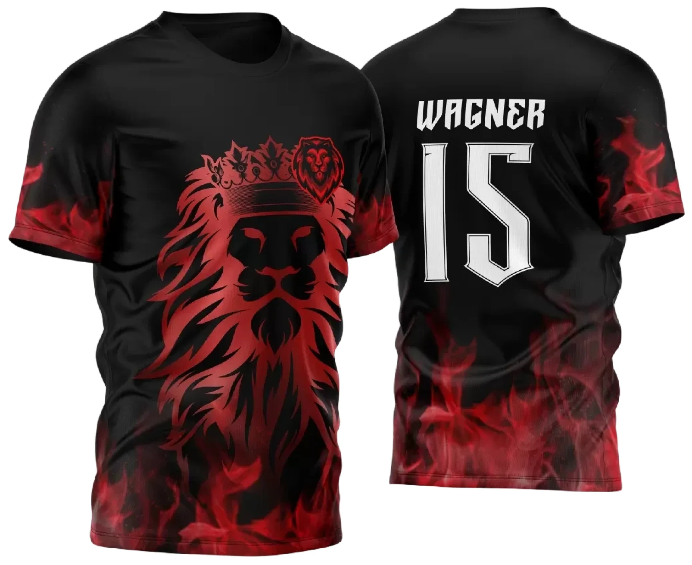 Camiseta unissex preta com logo no peito e estampa grande nas costas com tema Leão InterClasse 2024, modelo 04, design impactante e moderno.