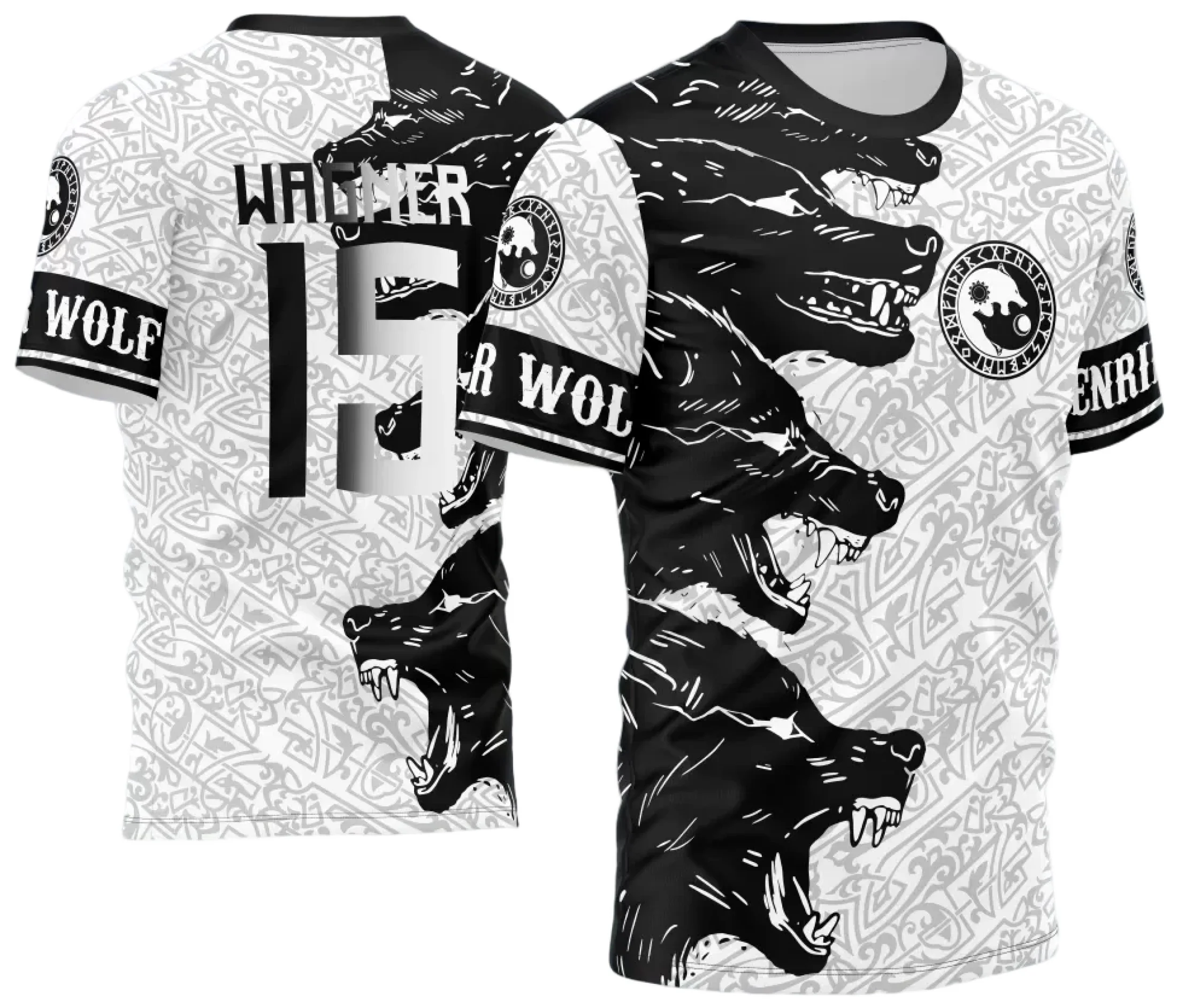 Camiseta unissex preta com logo no peito e estampa grande nas costas inspirada em Lobos para o InterClasse 2024, ideal para eventos e times.