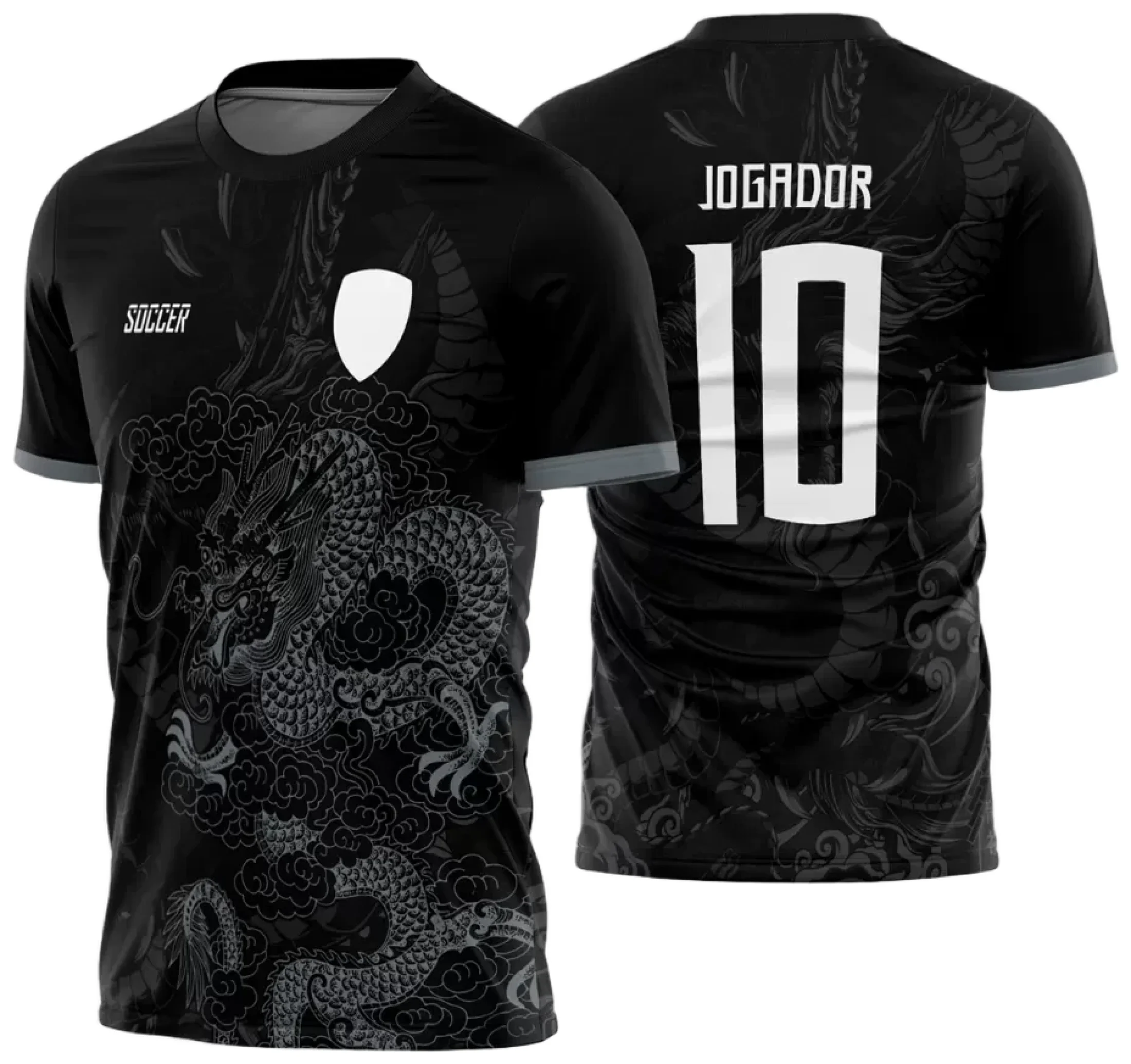 Camiseta unissex preta com logo no peito e estampa grande nas costas de dragão, estilo InterClasse 2024 Modelo 27, perfeita para ocasiões especiais e torcida.