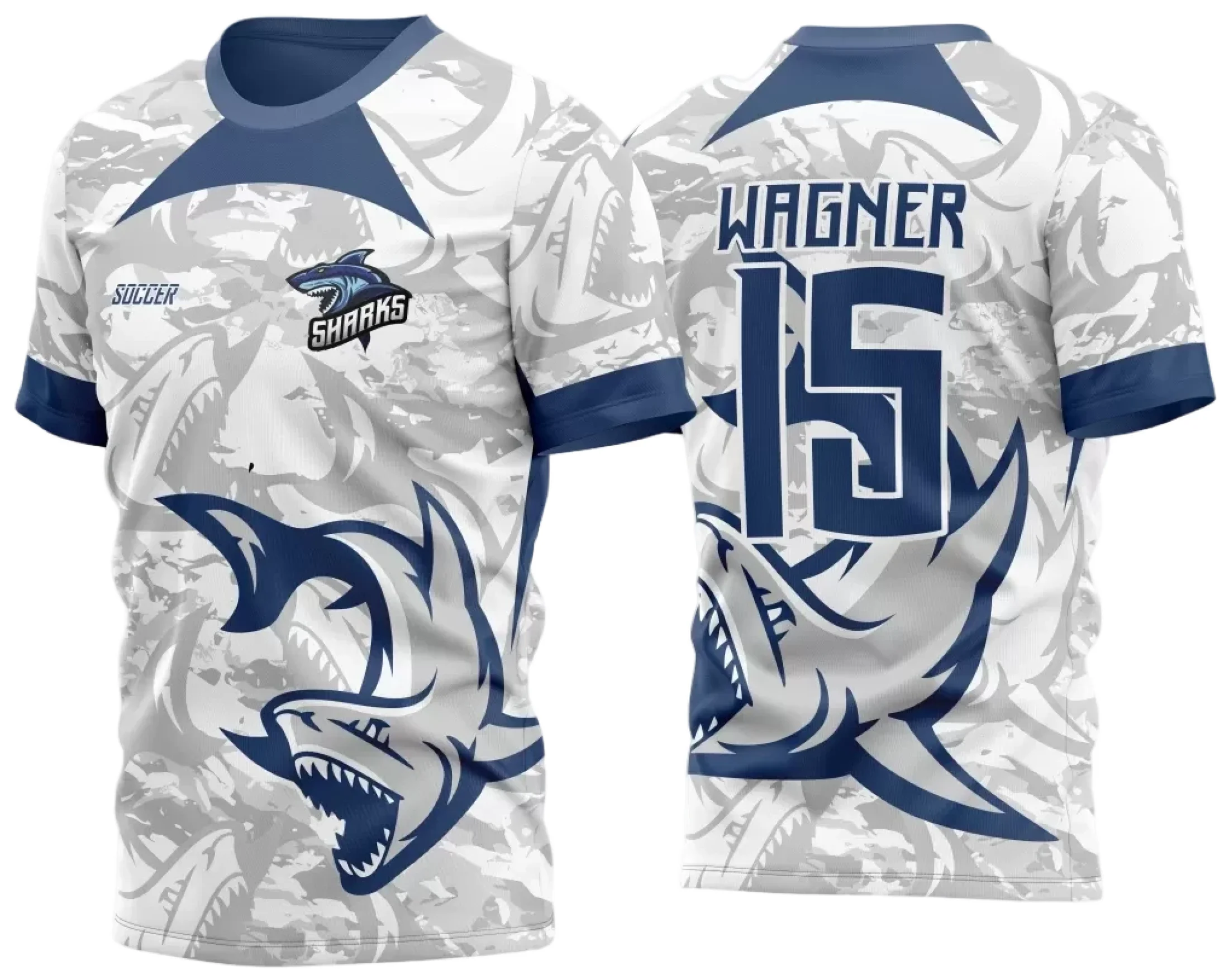 Camiseta unissex preta com logo no peito e estampa grande nas costas do Tubarão modelo 30 InterClasse 2024, visual moderno e marcante para fãs do tema tubarão.