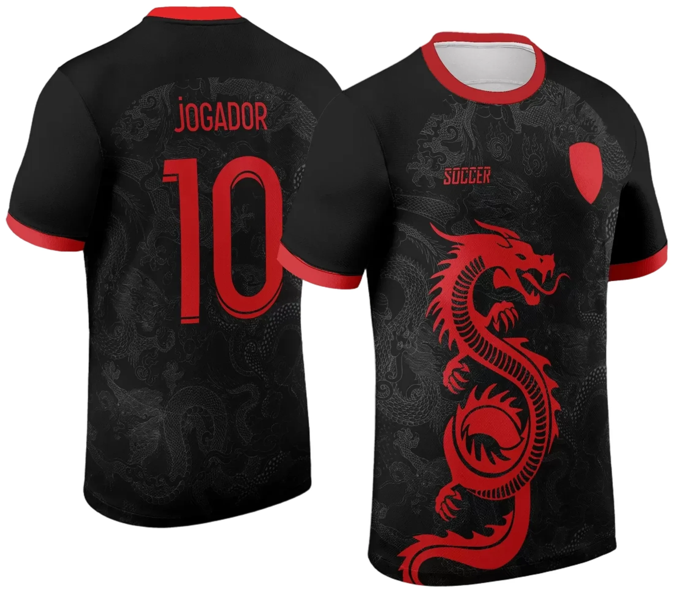 Camiseta unissex preta com logo no peito e estampa grande nas costas com tema de dragão vermelho vibrante do InterClasse 2024 Modelo 35, ideal para fãs da coleção.