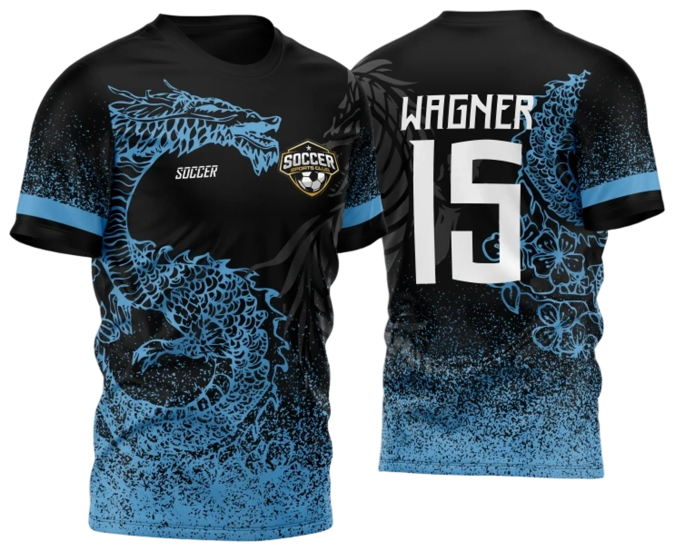 Camiseta unissex preta com logo no peito e estampa grande nas costas de dragão azul imponente, estilo moderno para eventos InterClasse 2024.