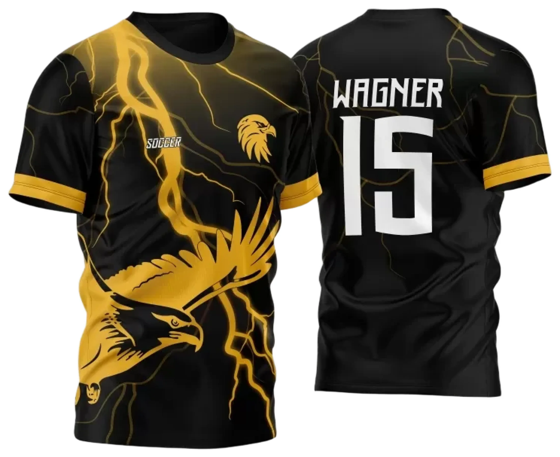 Camiseta preta unissex com logo no peito e estampa grande nas costas destacando uma águia dourada vibrante, tema InterClasse 2024 Modelo 42, perfeita para grupos e eventos.