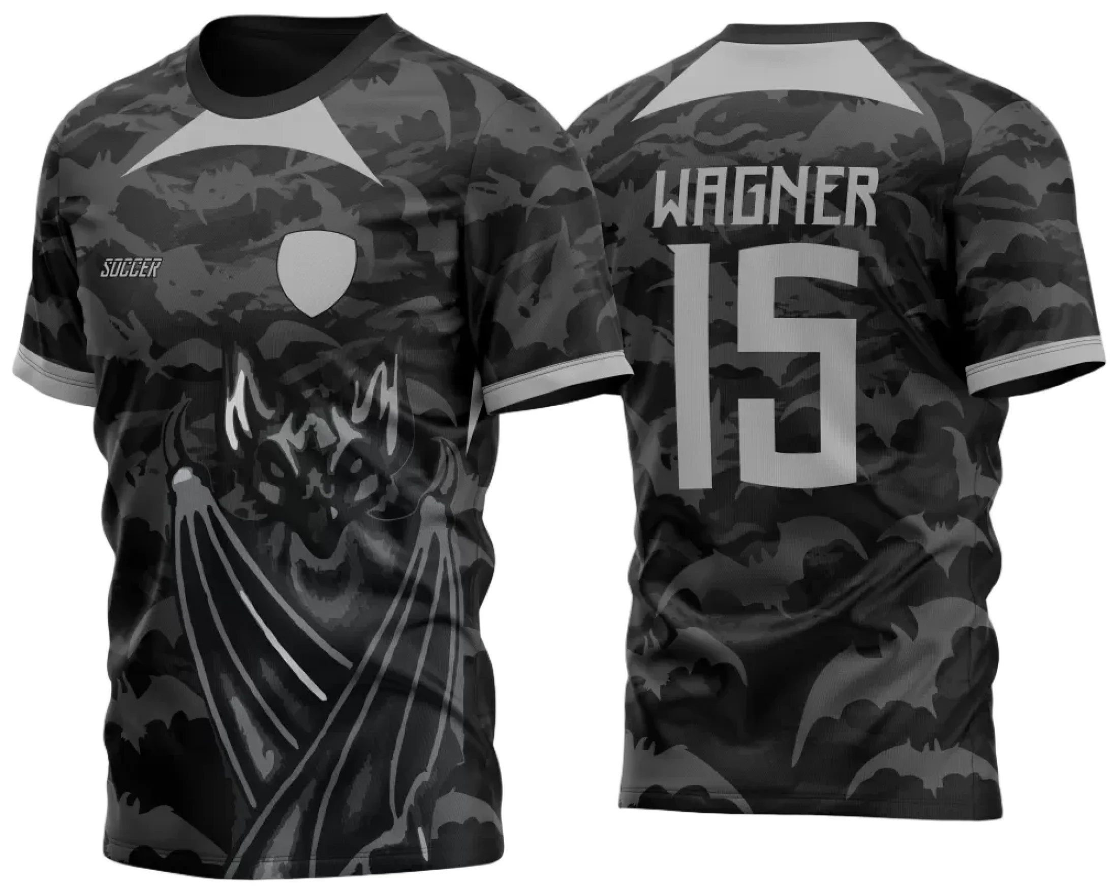 Camiseta unissex preta com logo no peito e estampa grande nas costas mostrando morcegos, ideal para turma InterClasse 2024 com estilo único e moderno.