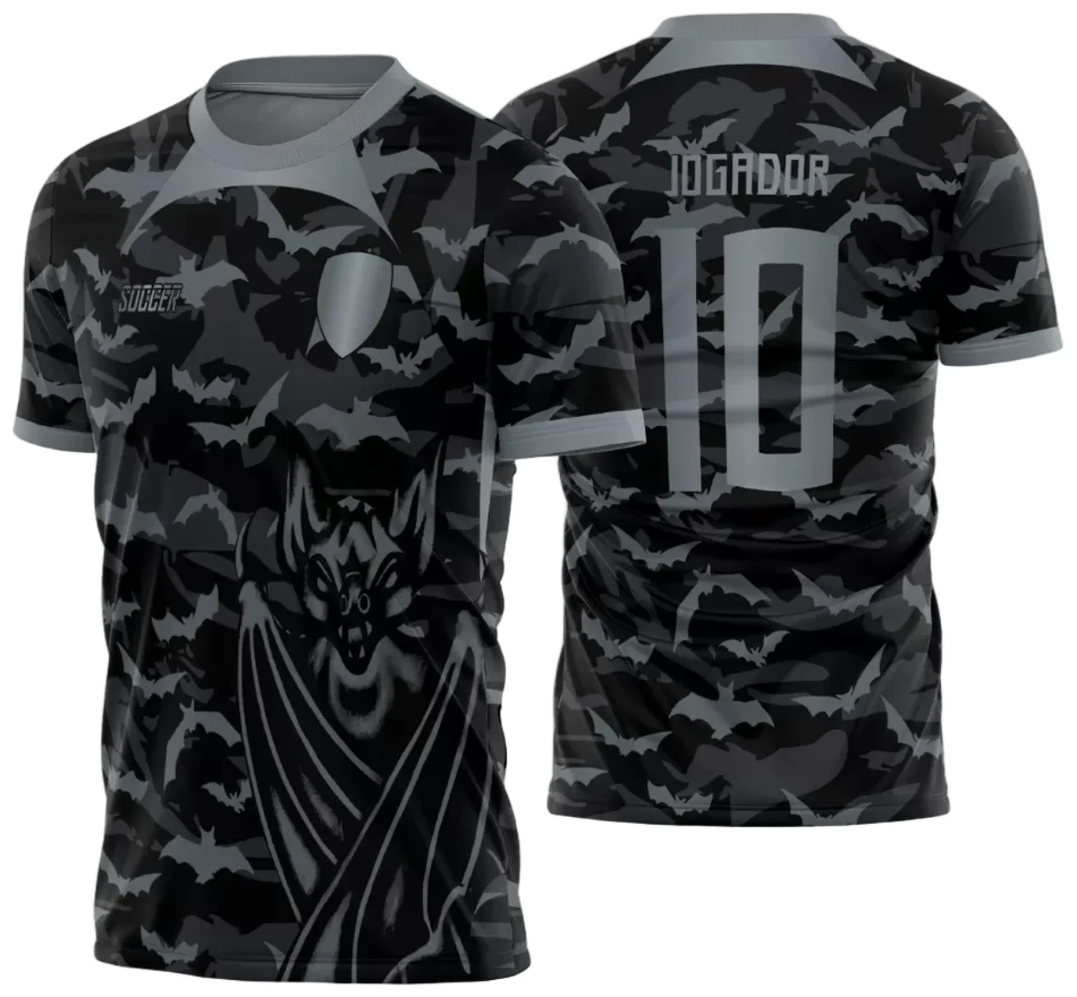 Camiseta unissex preta com logo no peito e estampa grande nas costas de morcegos, tema InterClasse 2024, design moderno e impactante.