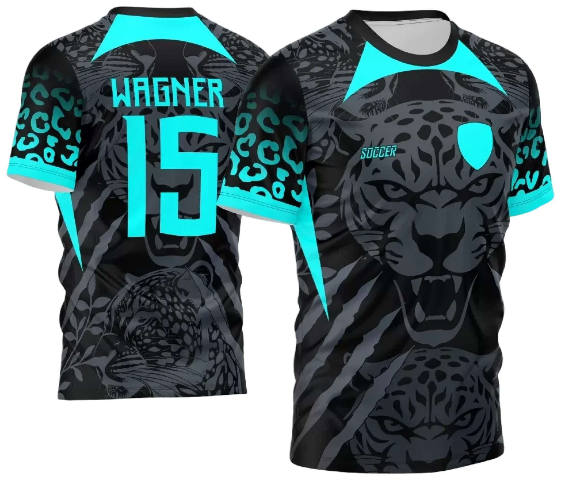 Camiseta unissex branca com logo no peito e estampa grande nas costas com tema Onça, ideal para eventos escolares e turmas, destaque para design vibrante e moderno.