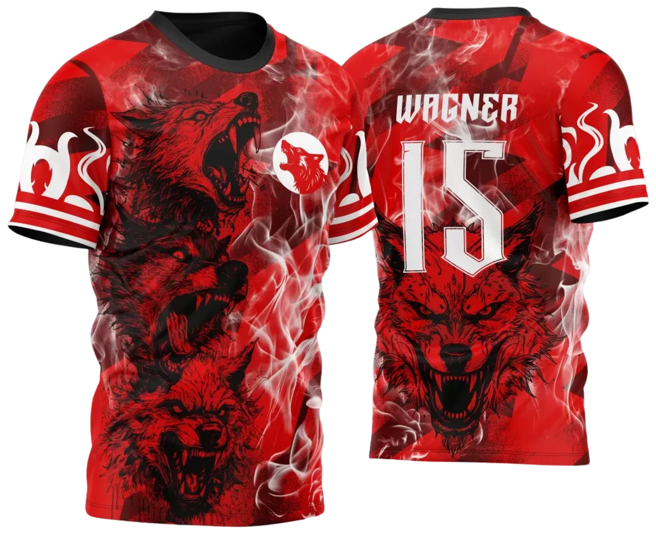 Camiseta unissex preta com logo no peito e estampa grande nas costas, tema Quatro Lobos 2024 InterClasse, perfeita para eventos e uso casual.