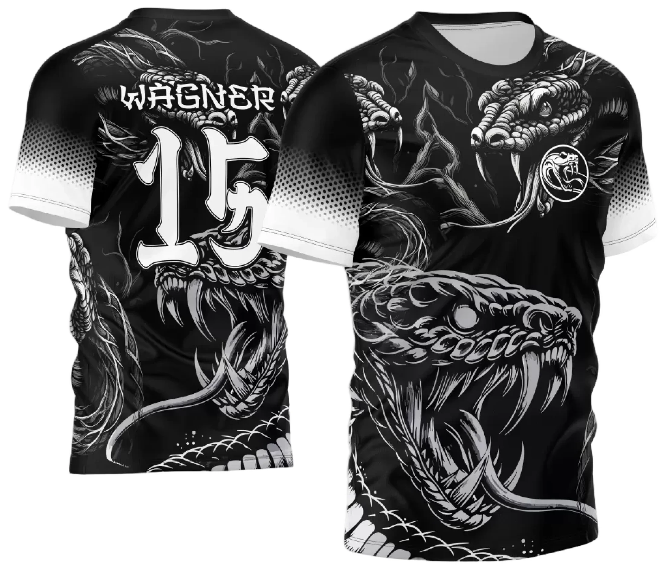 Camiseta unissex preta com logo no peito e estampa grande nas costas com tema Serpente InterClasse 2024, ideal para mostrar identidade em eventos e grupos.
