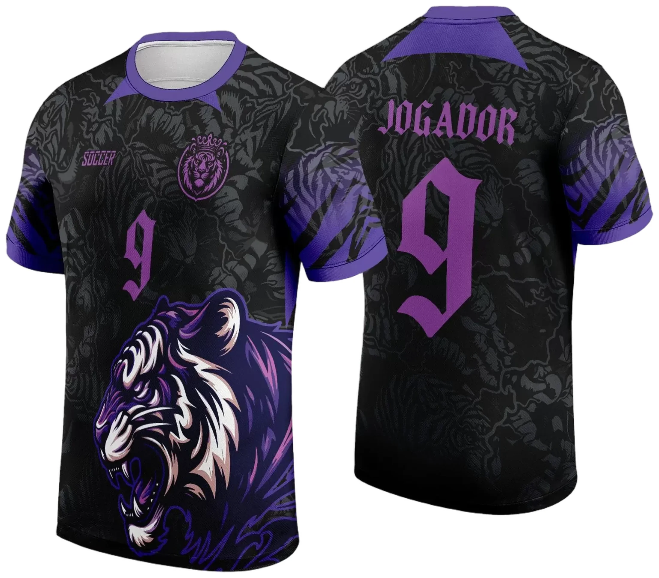 Camiseta unissex preta com logo no peito e estampa grande nas costas mostrando tigre nas cores preto com roxo, modelo ideal para fãs da InterClasse 2024.