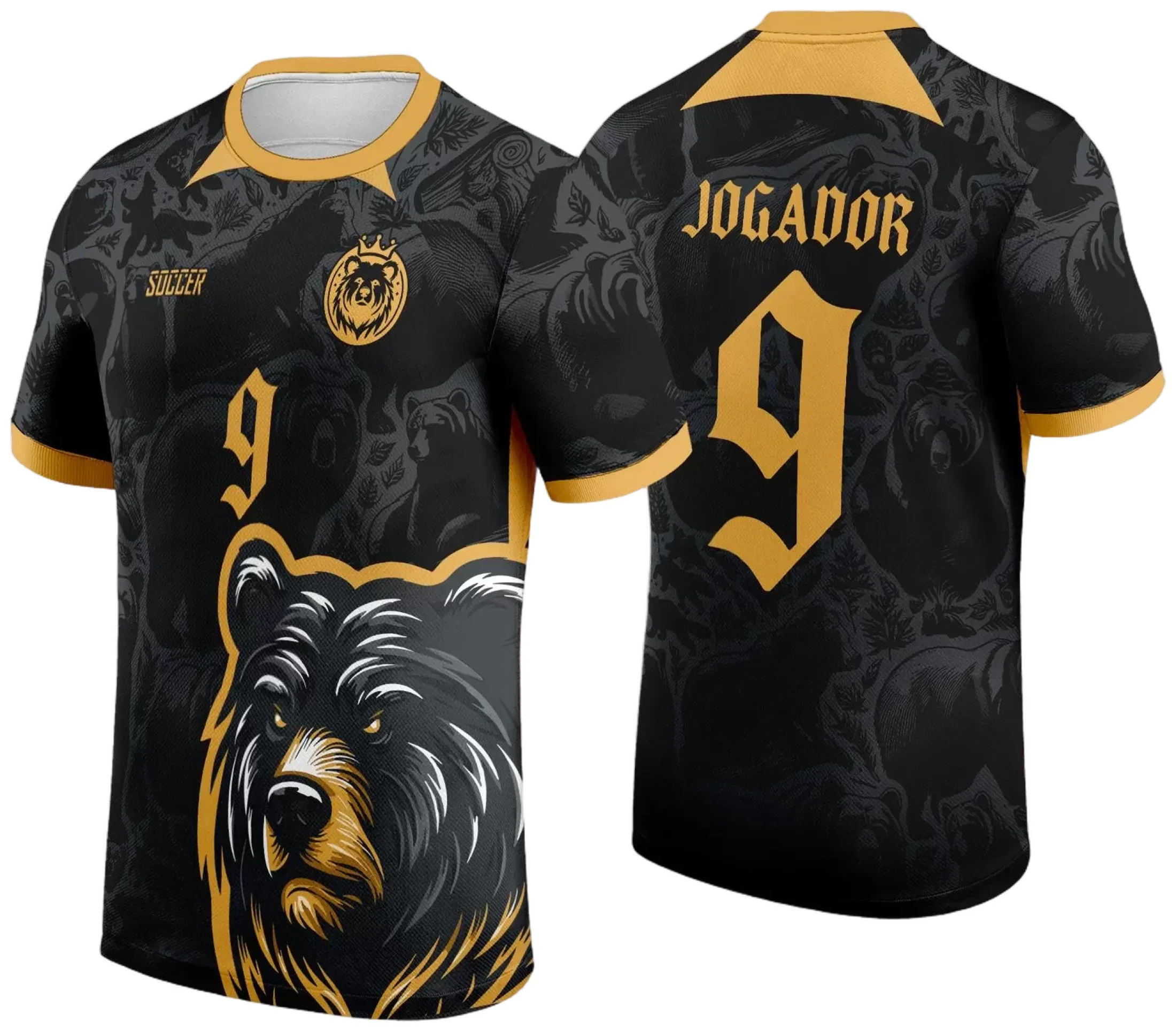 Camiseta unissex preta com logo no peito e estampa grande nas costas mostrando Urso Negro com detalhes dourados em destaque, ideal para eventos InterClasse 2024.