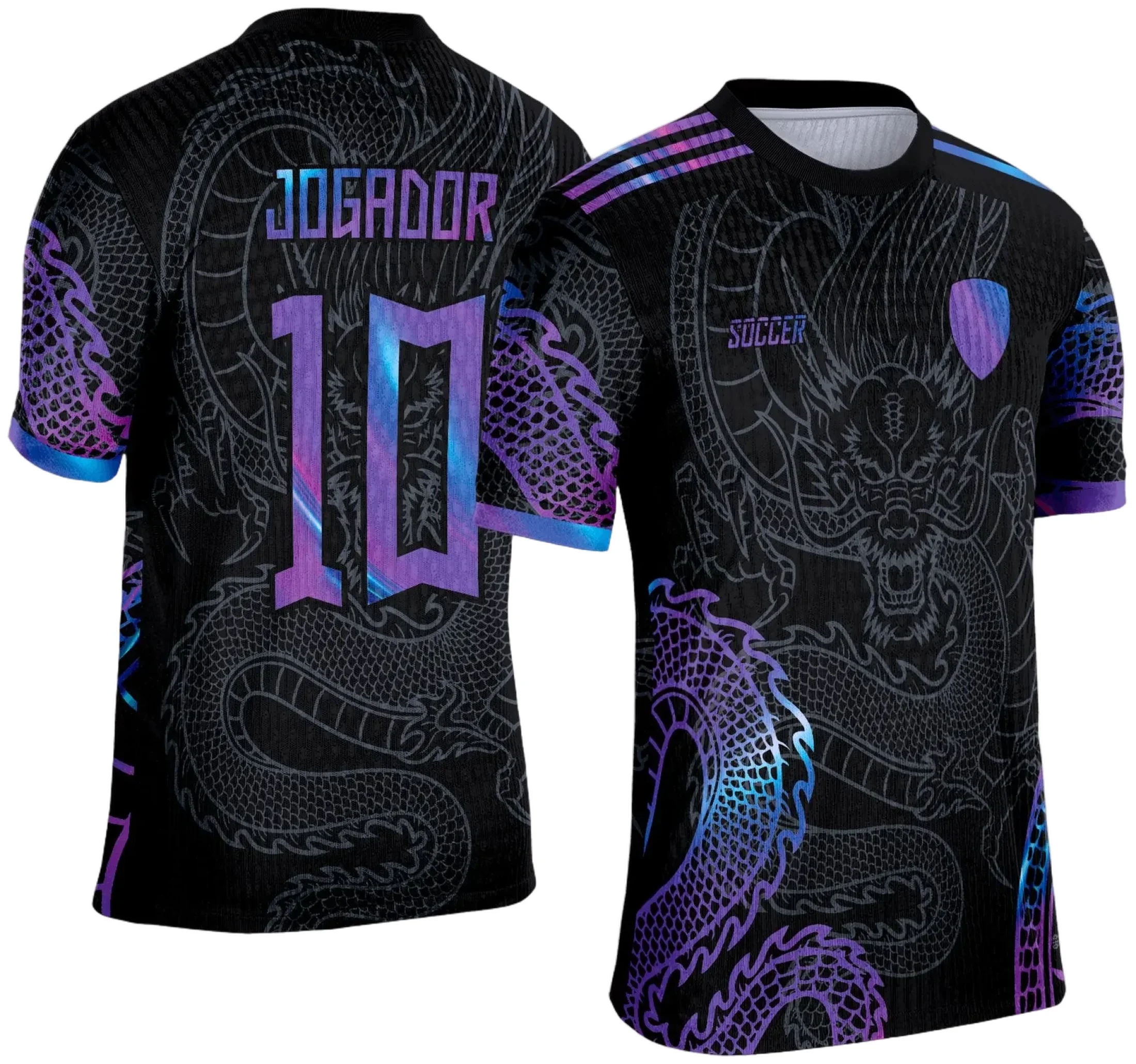 Camiseta unissex preta com logo no peito e estampa grande nas costas, destacando dragão holográfico do Interclasse 2025 com efeito vibrante e moderno.