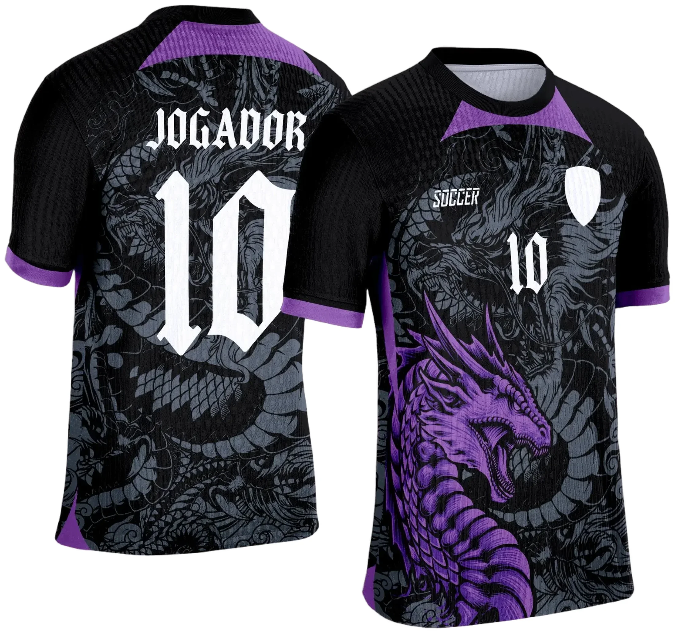 Camiseta unissex preta com logo no peito e estampa grande nas costas do Dragão Roxo, tema Interclasse 2025, perfeita para quem busca estilo marcante e identidade forte.