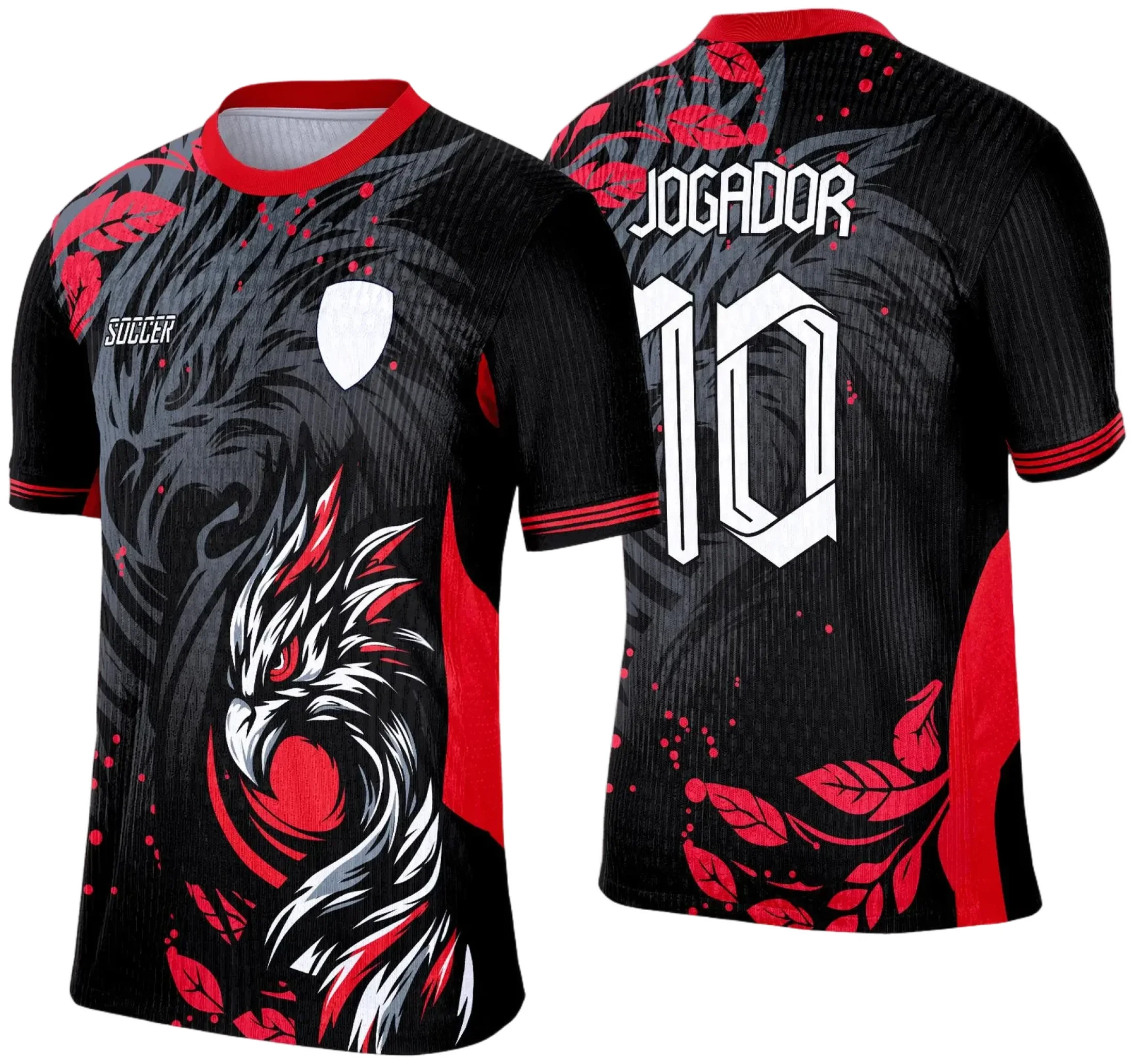 Camisa esportiva personalizada com design exclusivo, apresentando uma estampa gráfica detalhada na parte frontal, incorporando elementos artísticos como animais ou símbolos. O modelo inclui cores vibrantes e contrastantes, com detalhes adicionais como textos estilizados em diferentes idiomas. Na parte traseira, estão disponíveis personalizações com nome e número em destaque. Perfeita para jogos de interclasse, times amadores ou eventos esportivos personalizados.