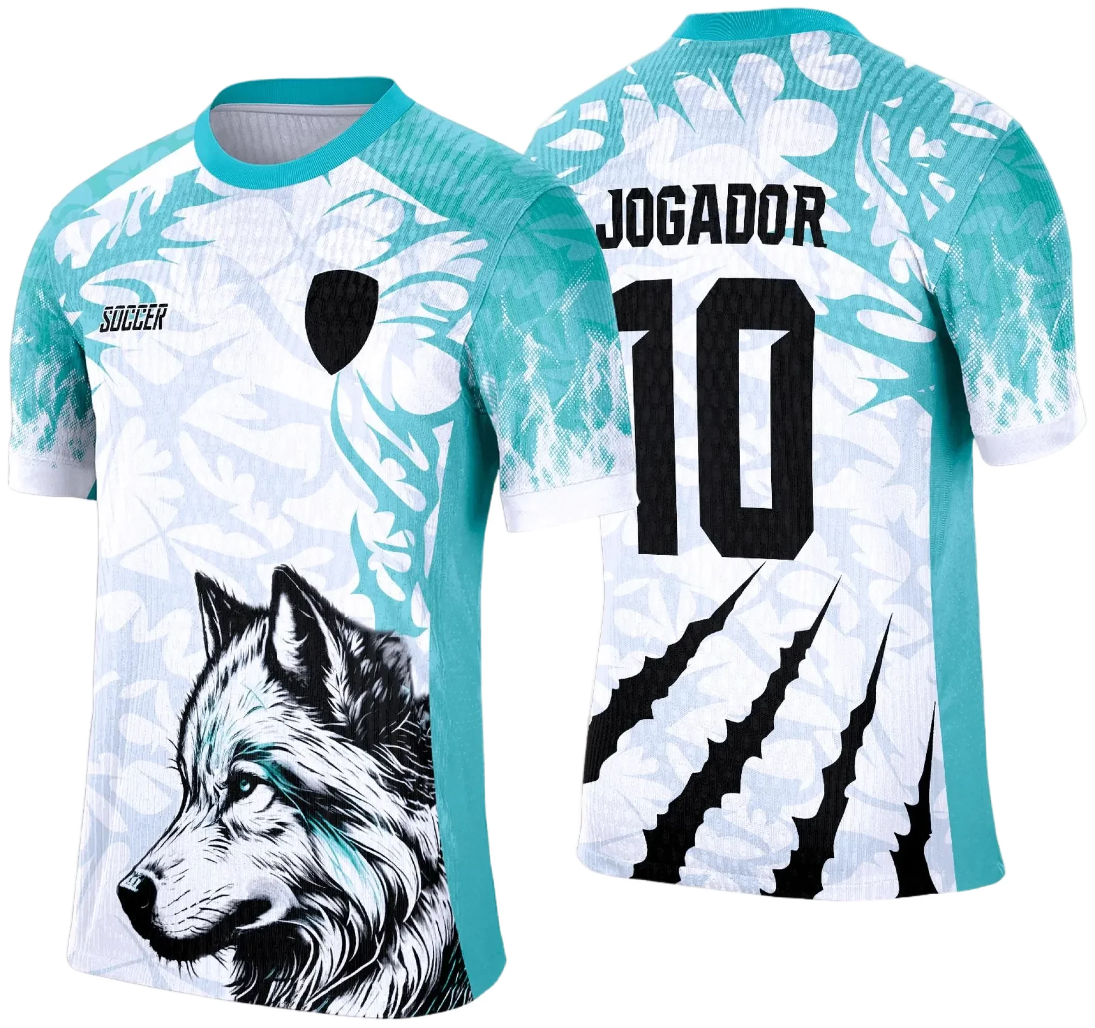 Camiseta unissex preta com logo no peito e estampa grande nas costas da Interclasse 2025, tema Lobo Branco com Verde Água, perfeita para uso casual e esportivo.