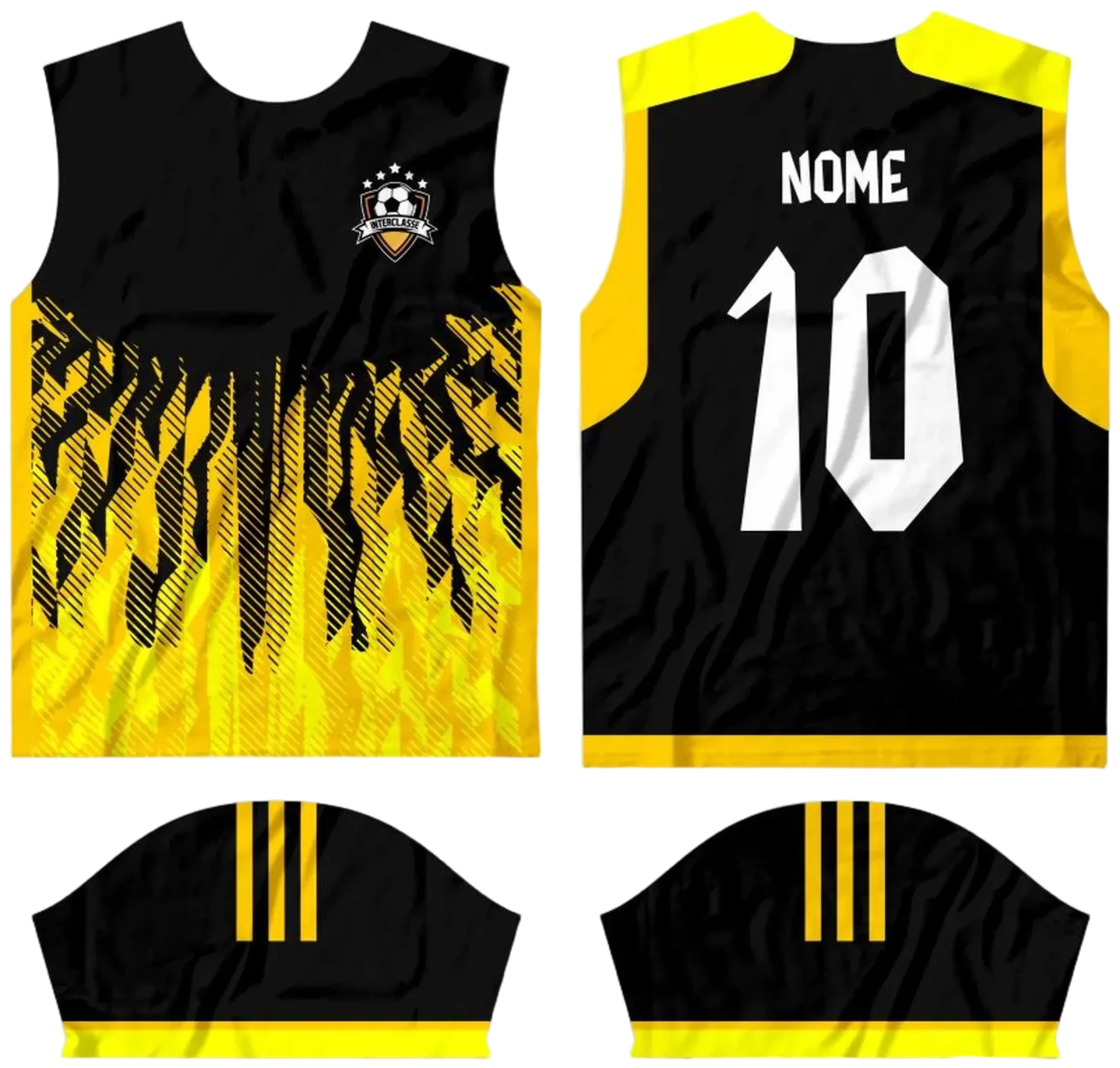 Camiseta unissex preta com logo no peito e estampa grande nas costas, tema Interclasse 2024, perfeita para eventos escolares e confraternizações.