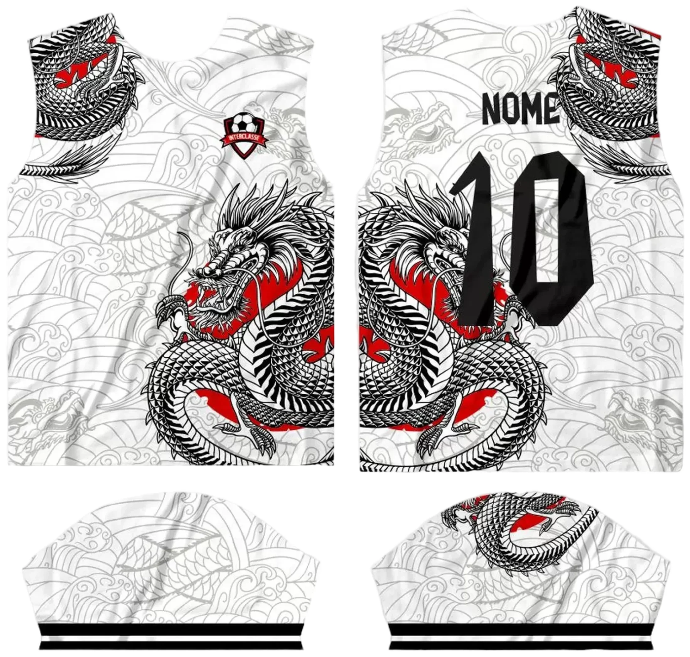 Camiseta unissex branca com logo no peito e estampa grande nas costas com tema Interclasse 2024, ideal para eventos escolares, com design moderno e cores vibrantes.