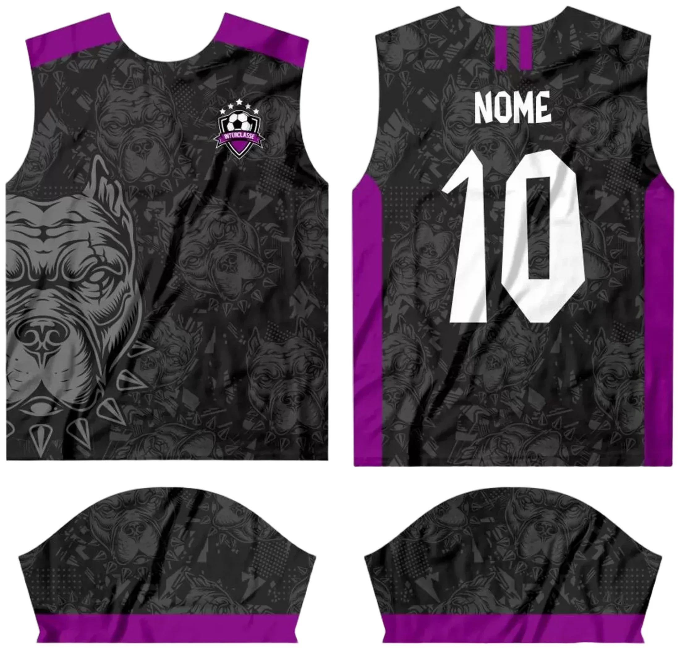 Camiseta unissex branca com logo no peito e estampa grande nas costas com tema Interclasse 2024, perfeita para eventos escolares, com design moderno e vibrante.