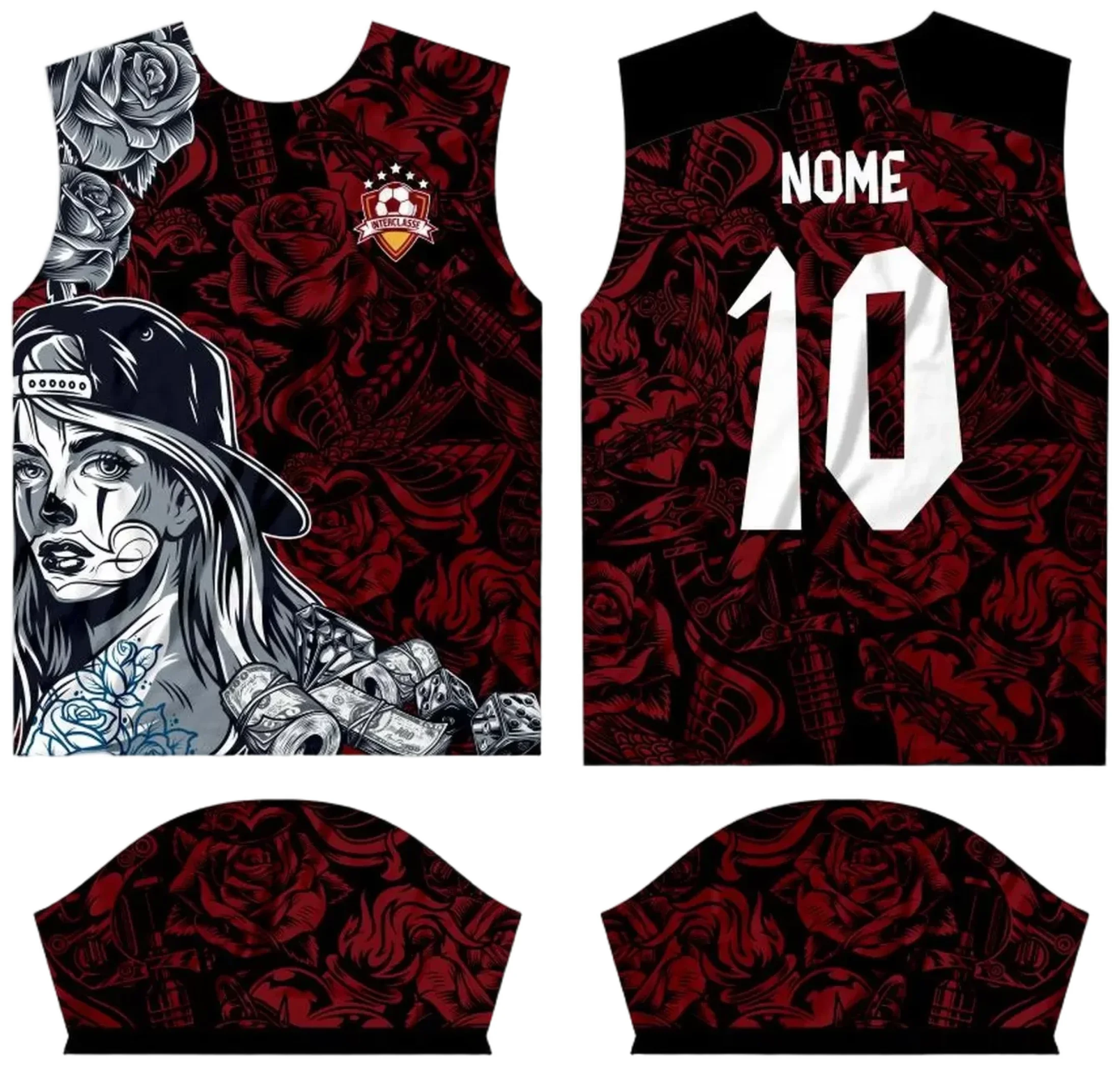 Camiseta unissex branca com logo no peito e estampa grande nas costas, tema Interclasse 2024, design moderno e vibrante para uso em eventos escolares e esportivos.