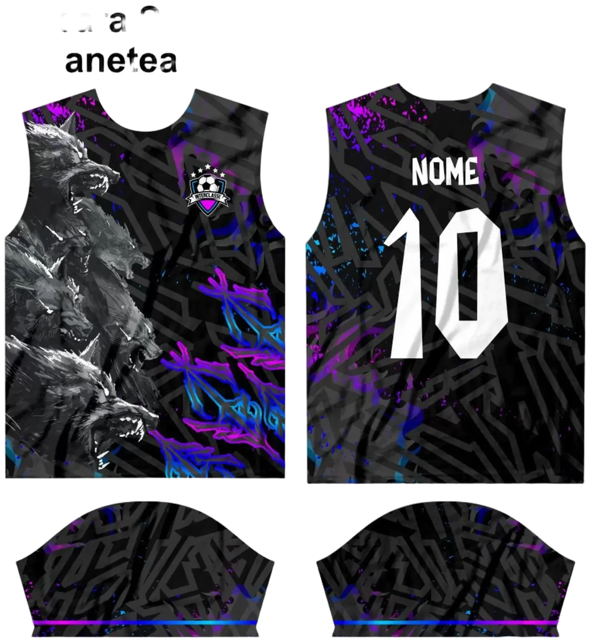 Camiseta unissex preta com logo no peito e estampa grande nas costas com tema Interclasse 2024, perfeita para partidas e encontros escolares.