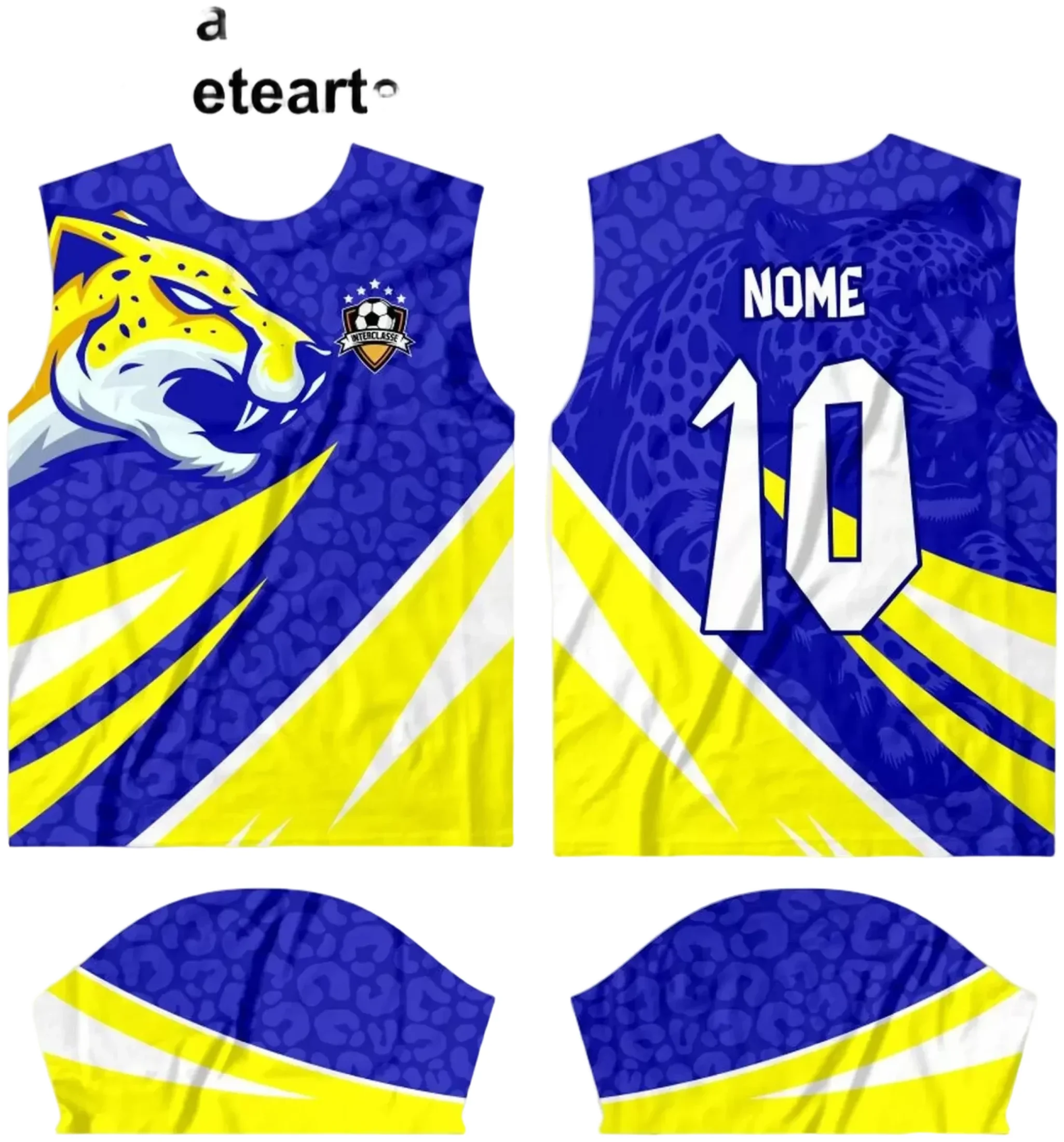 Camiseta unissex branca com logo no peito e estampa grande nas costas, tema Interclasse 2024, ideal para eventos escolares com design moderno e vibrante.