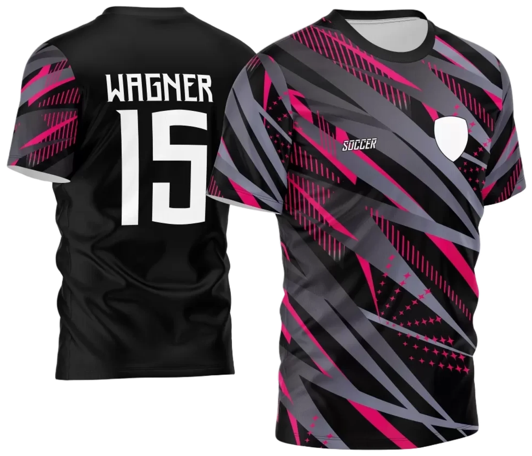 Camiseta preta unissex com logo no peito e estampa grande nas costas sobre o tema InterClasse 2024, ideal para uso em eventos escolares com design moderno e atraente.