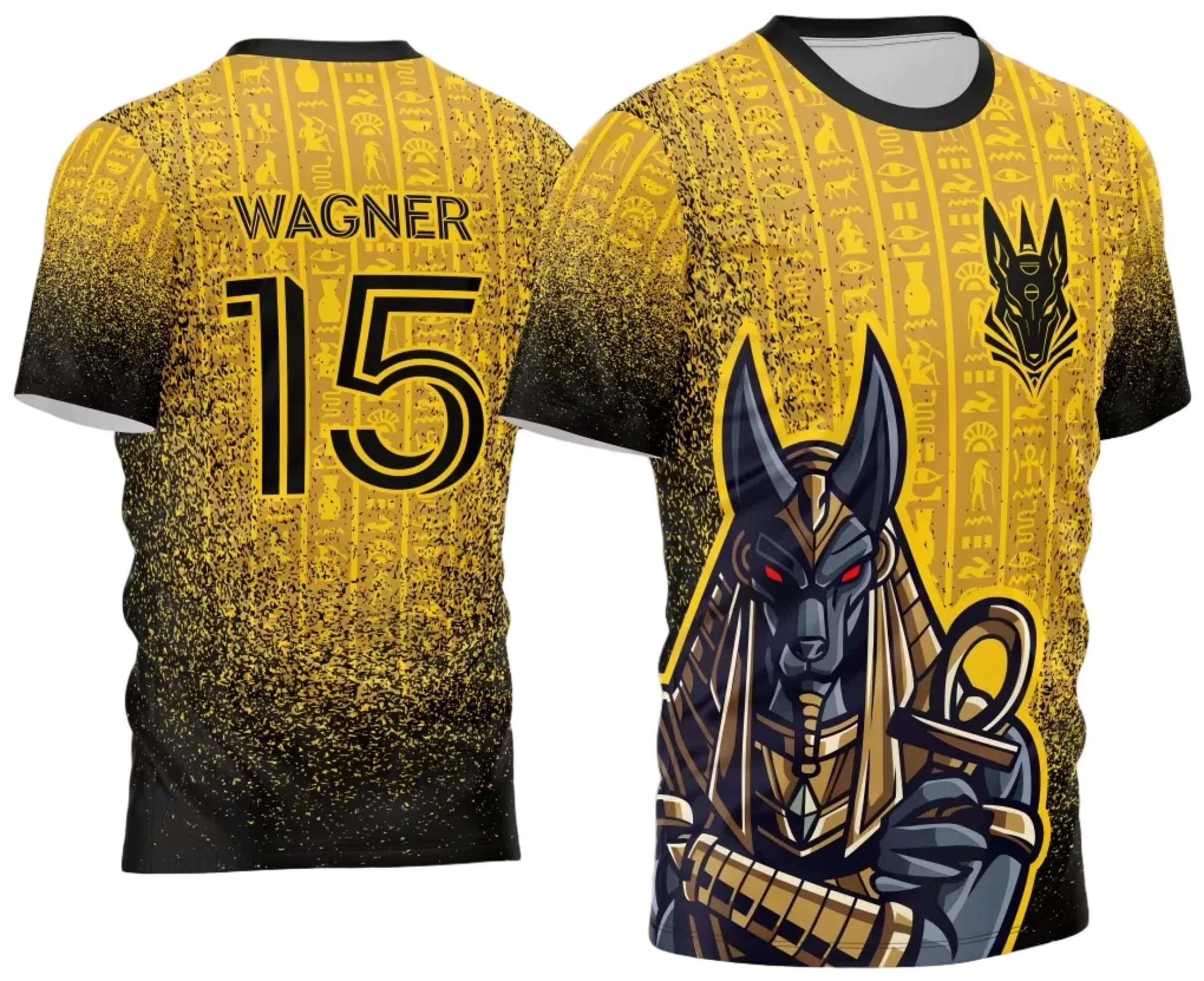 Camiseta unissex preta com logo no peito e estampa grande nas costas inspirada em Anubis do Interclasse 2024, ideal para eventos escolares, estilo urbano moderno.