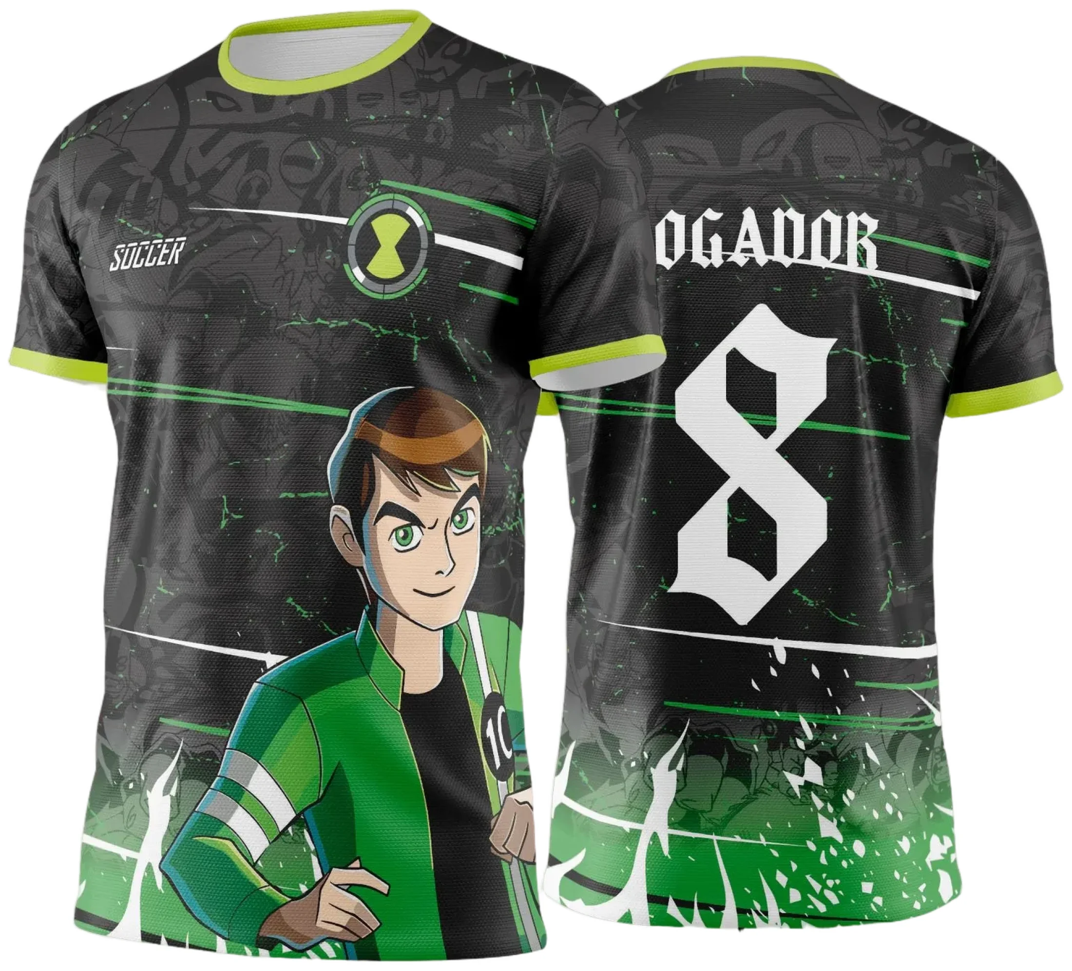 Camiseta unissex preta com logo no peito e estampa grande nas costas baseada no tema Interclasse Ben 10 Jogos Internos 2024-2025, ideal para eventos esportivos e escolares.
