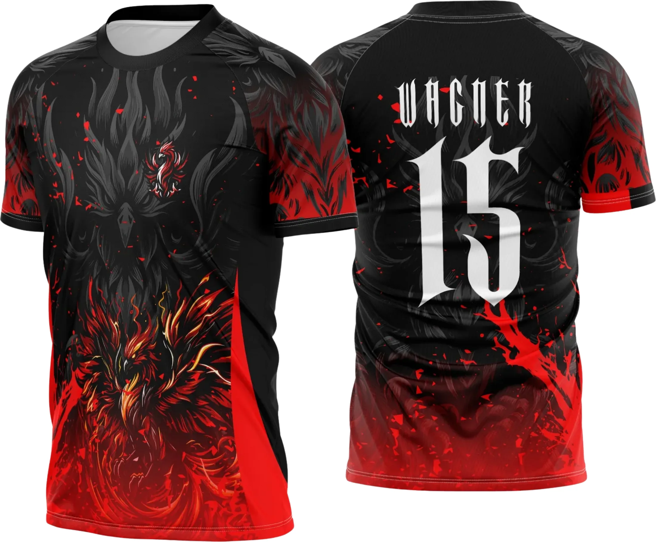 Camiseta unissex preta com logo no peito e estampa grande nas costas de uma poderosa fênix vermelha com garras, ideal para o interclasse 2025.