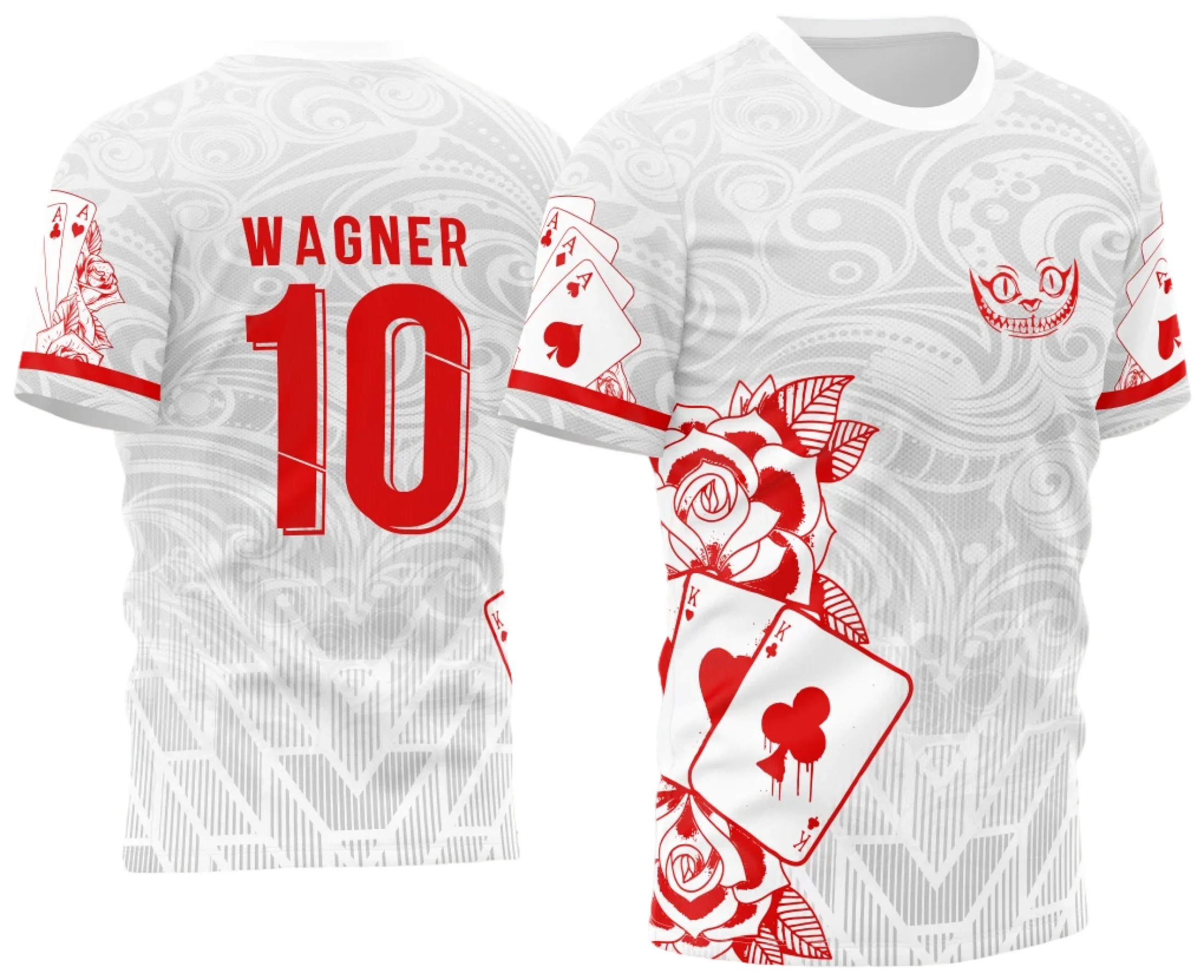 Camiseta unissex branca com logo no peito e estampa grande nas costas mostrando carta de naipe, design marcante para o 2023 InterClasse.