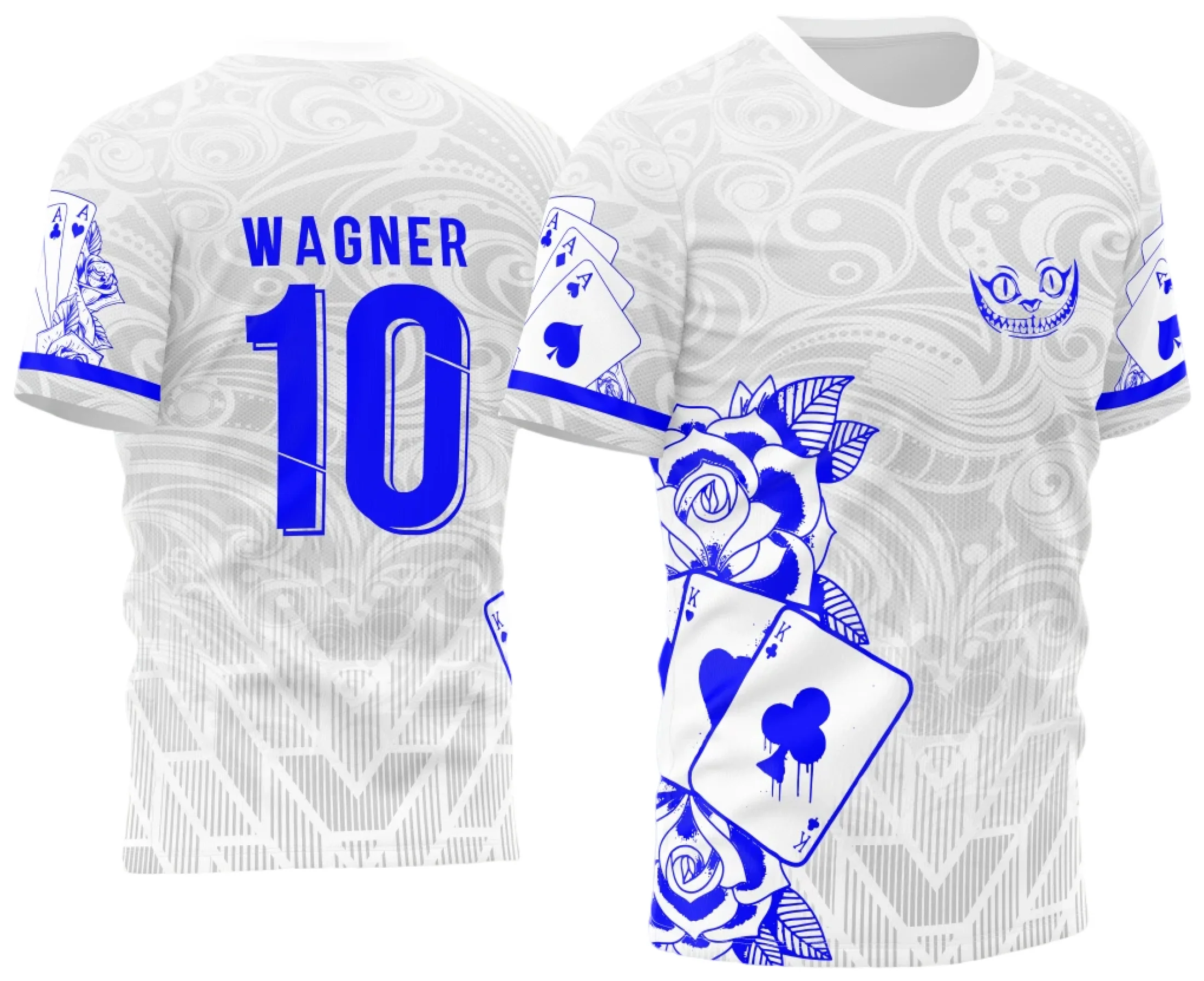 Camiseta unissex branca com logo no peito e estampa grande nas costas inspirada em Carta Naipe InterClasse 2023, modelo 4, perfeita para eventos e uso casual.