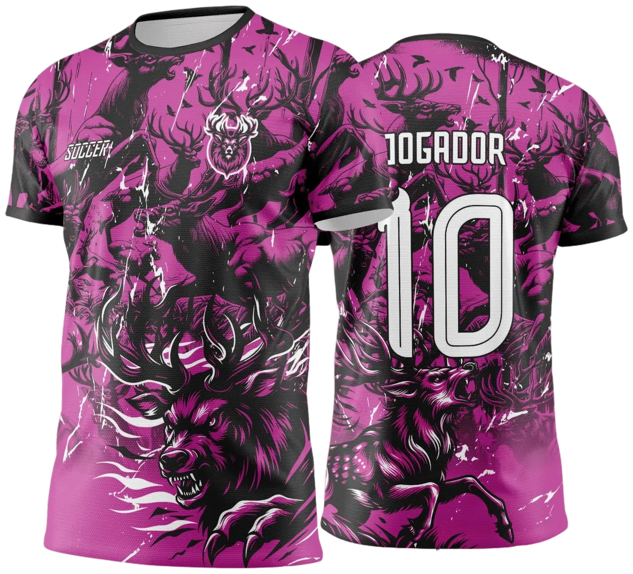 Camiseta unissex preta com logo no peito e estampa grande nas costas com tema Cervo rosa e preto dos Jogos Internos 2024 2025, ideal para eventos esportivos e confraternizações.