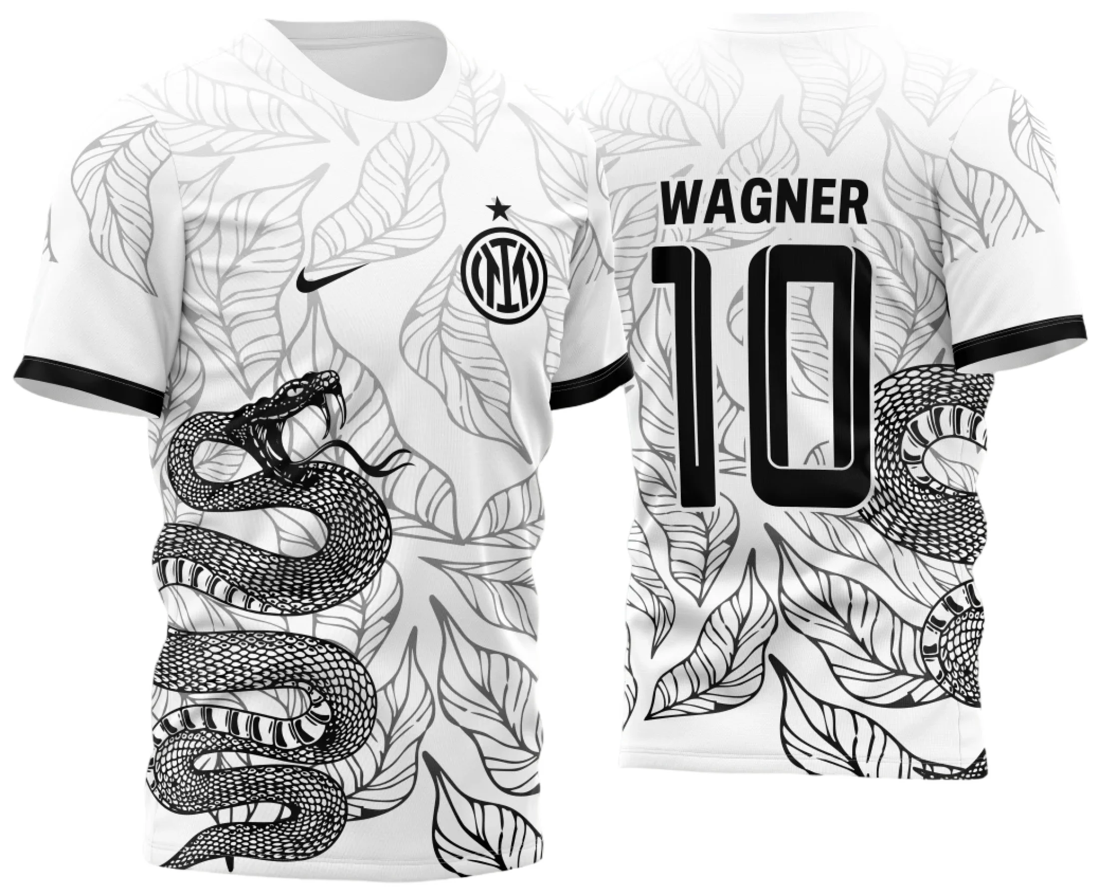 Camiseta unissex branca com logo no peito e estampa grande nas costas mostrando uma cobra atacando folhas, combinando estilo urbano e natureza.