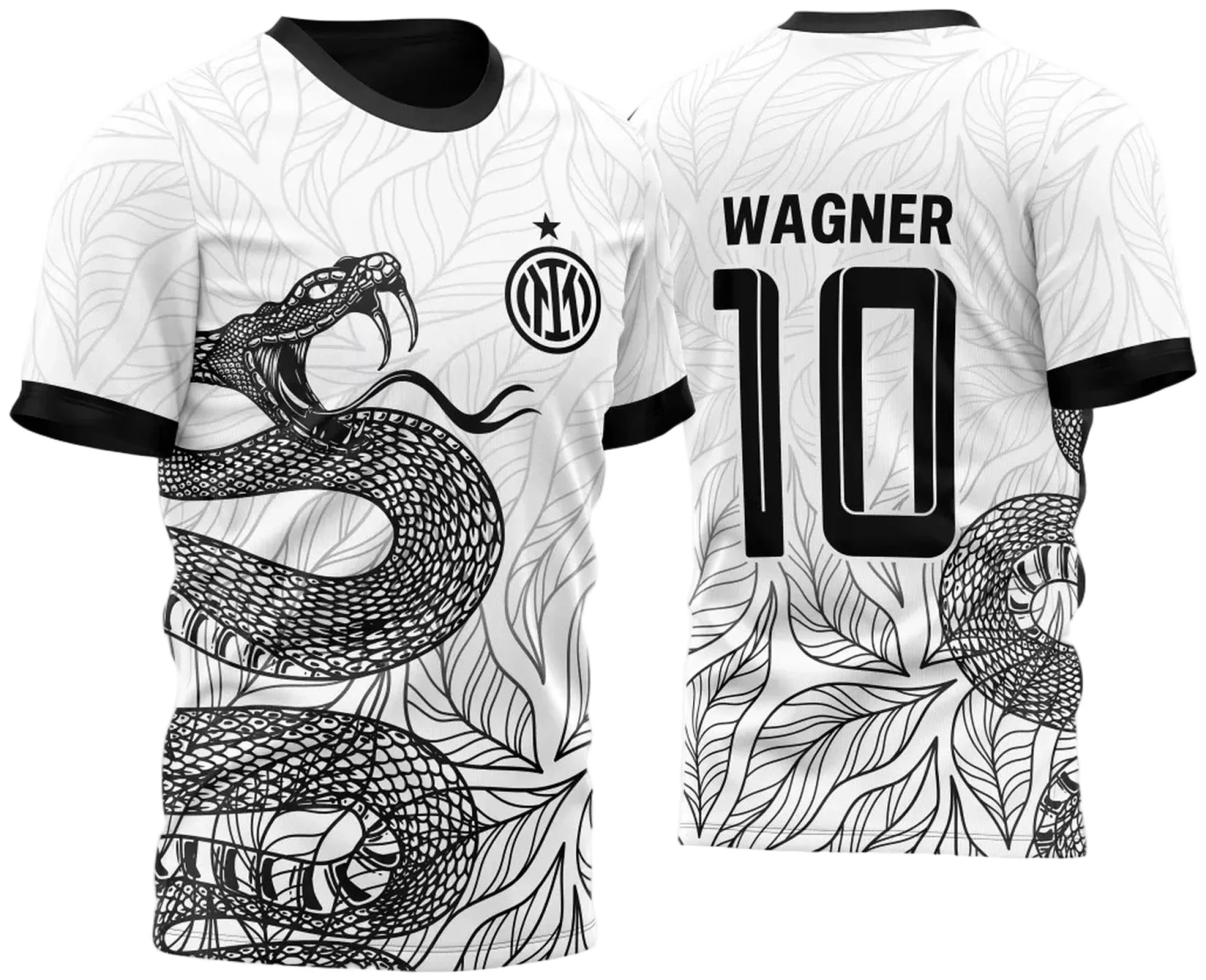 Camiseta unissex preta com logo no peito e estampa grande nas costas mostrando uma cobra atacando entre folhas no estilo InterClasse 2023, trazendo design marcante e moderno.