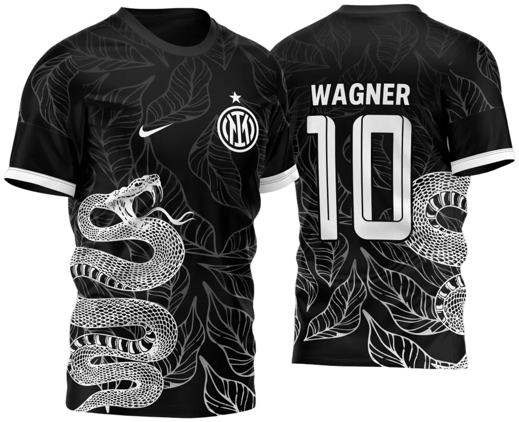 Camiseta preta unissex com logo no peito e estampa grande nas costas mostrando uma cobra em ataque cercada por folhas, design exclusivo e moderno para todos os estilos.