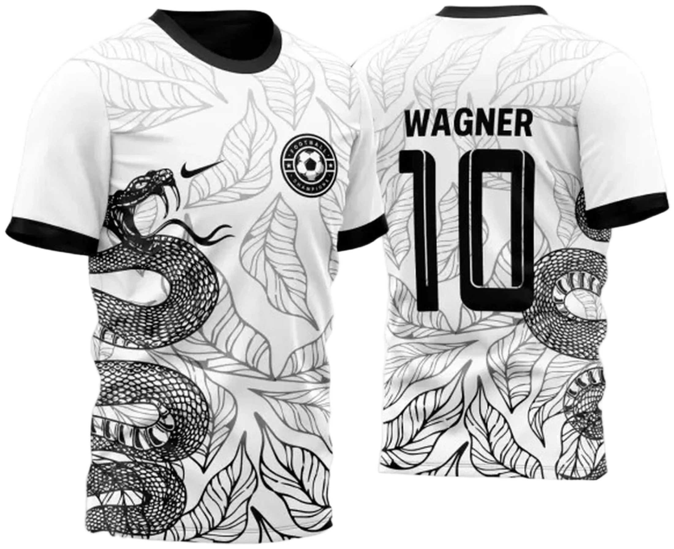 Camiseta unissex preta com logo no peito e estampa grande nas costas mostrando uma cobra em ataque entre folhas, design moderno e cheio de atitude para quem curte estilo único e natureza.