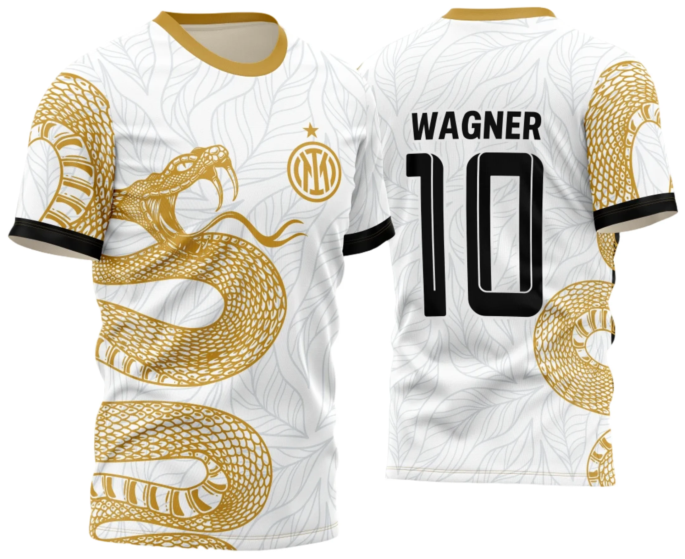 Camiseta unissex preta com logo no peito e estampa grande nas costas mostrando a Cobra Dourada em ataque entre folhas, tema InterClasse 2023 que traz um design moderno e impactante.