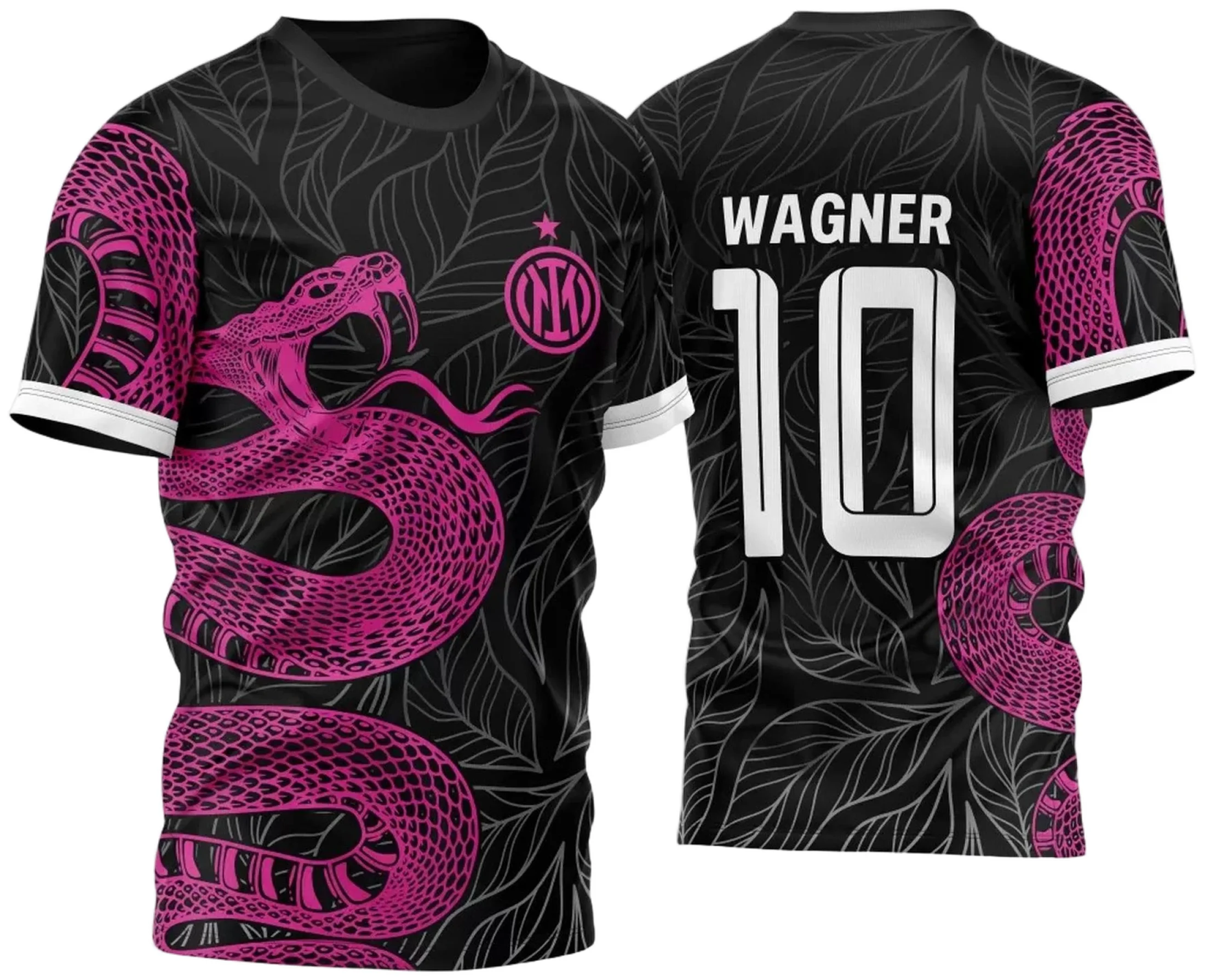 Camiseta unissex preta com logo no peito e estampa grande nas costas com tema InterClasse Cobra Rosa Fundo Preto 2023, estilo marcante e moderno para fãs da coleção.