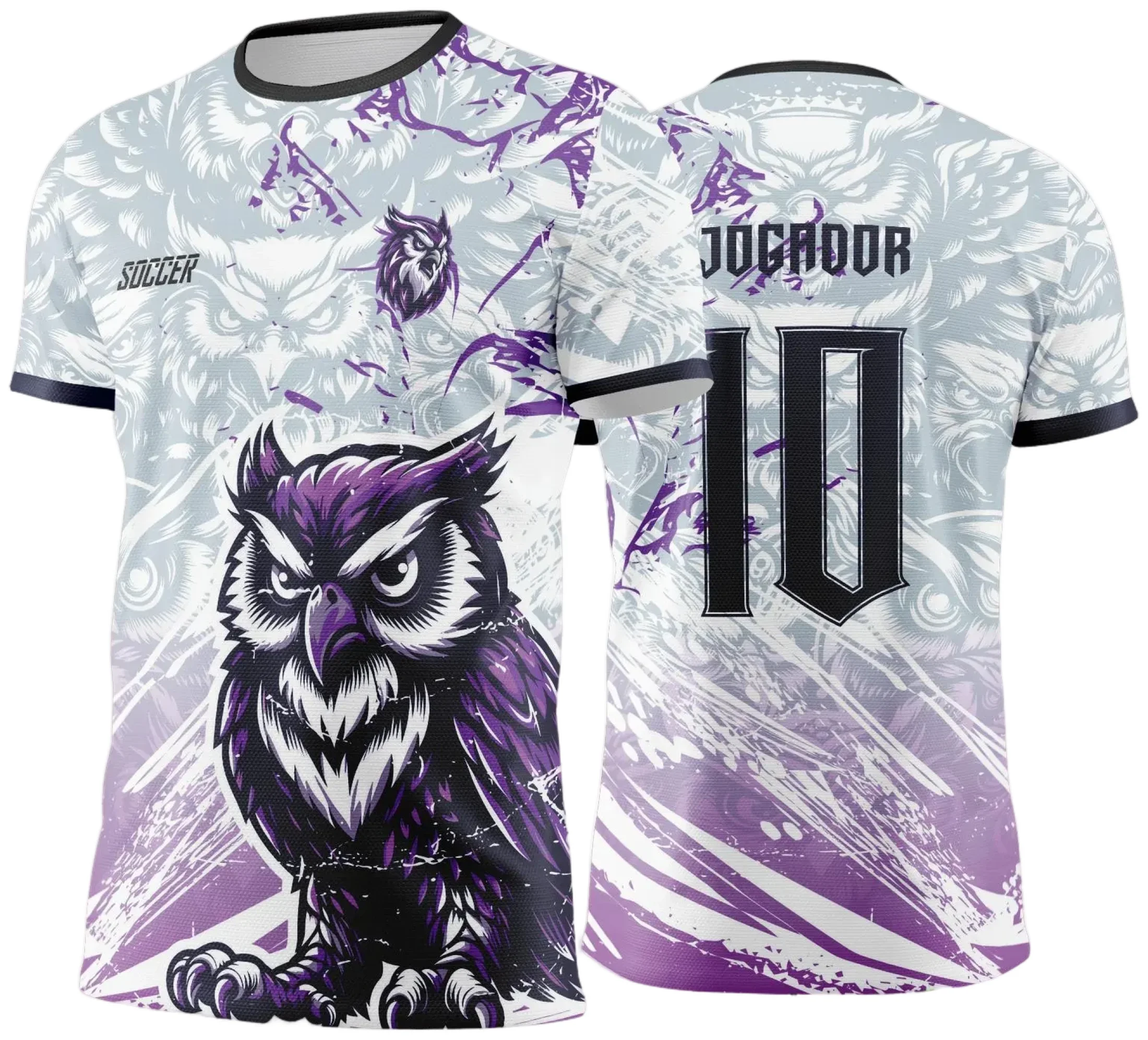 Camiseta unissex branca com logo no peito e estampa grande nas costas tema Coruja, roxo, para Jogos Internos 2024 2025, design moderno e vibrante.