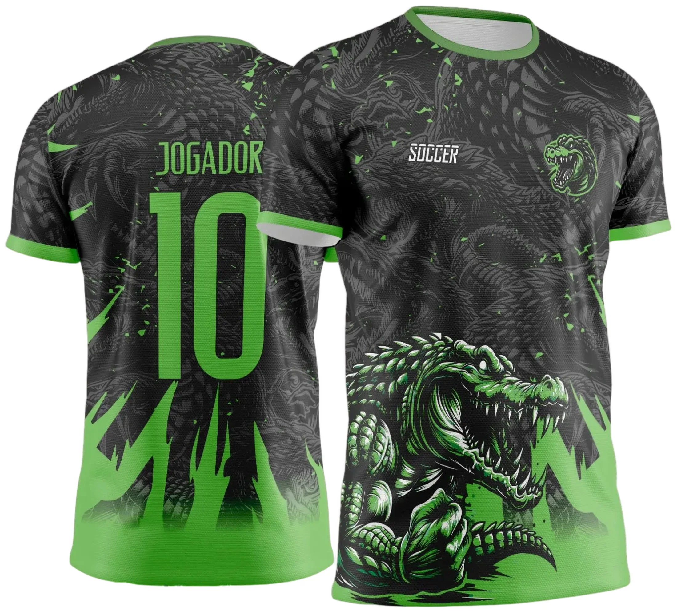 Camiseta unissex preta com logo no peito e estampa grande nas costas tema Crocodilo em verde para Jogos Internos 2024-2025, destacando design esportivo e moderno.