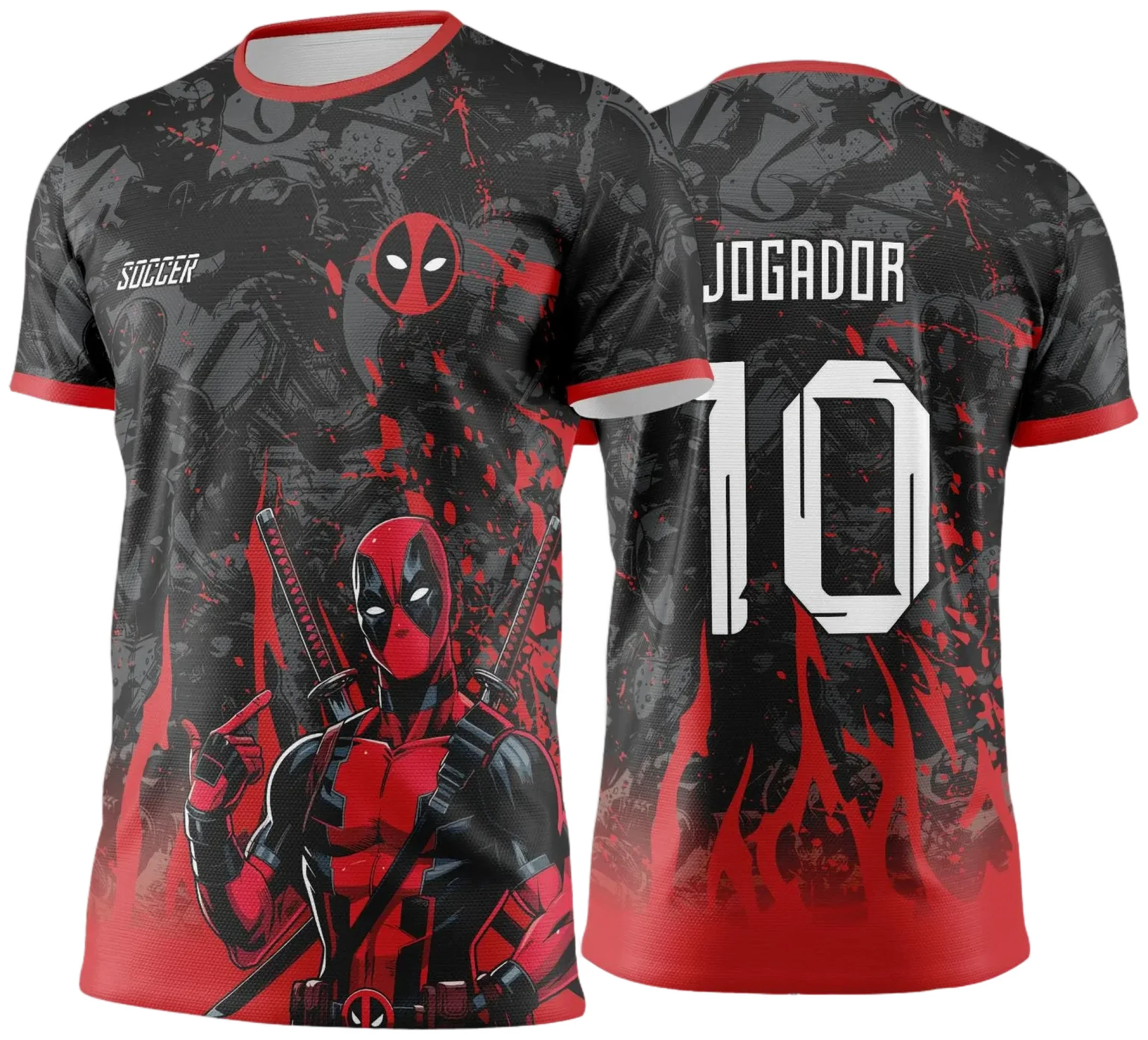 Camiseta unissex preta com logo no peito e estampa grande nas costas do tema Camisa Interclasse Deadpool Vermelha com Preto Jogos Internos 2024 2025, combinando estilo e conforto para eventos internos.