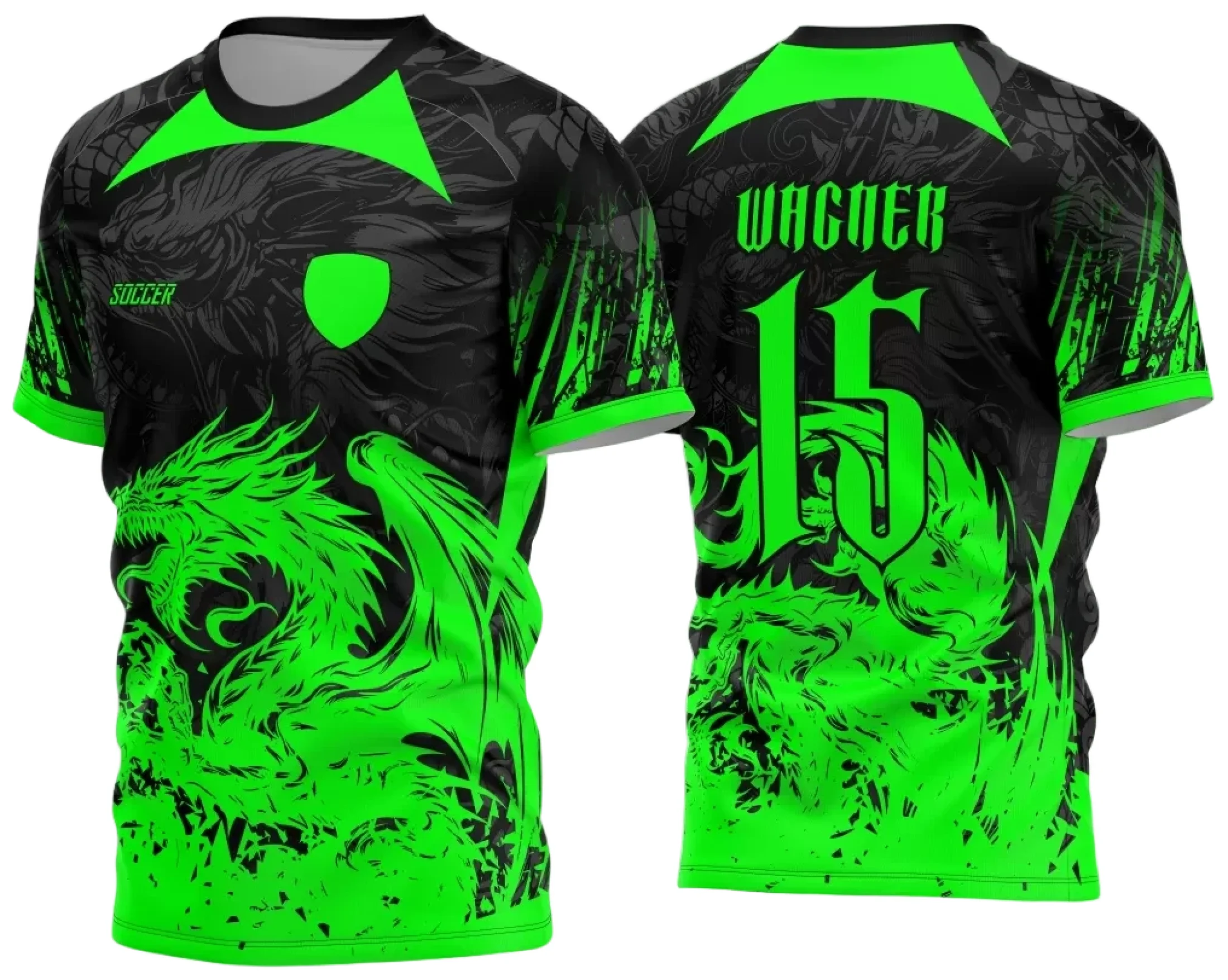 Camiseta unissex preta com logo no peito e estampa grande nas costas do Dragão 2024, design modernizado para evento interclasse.