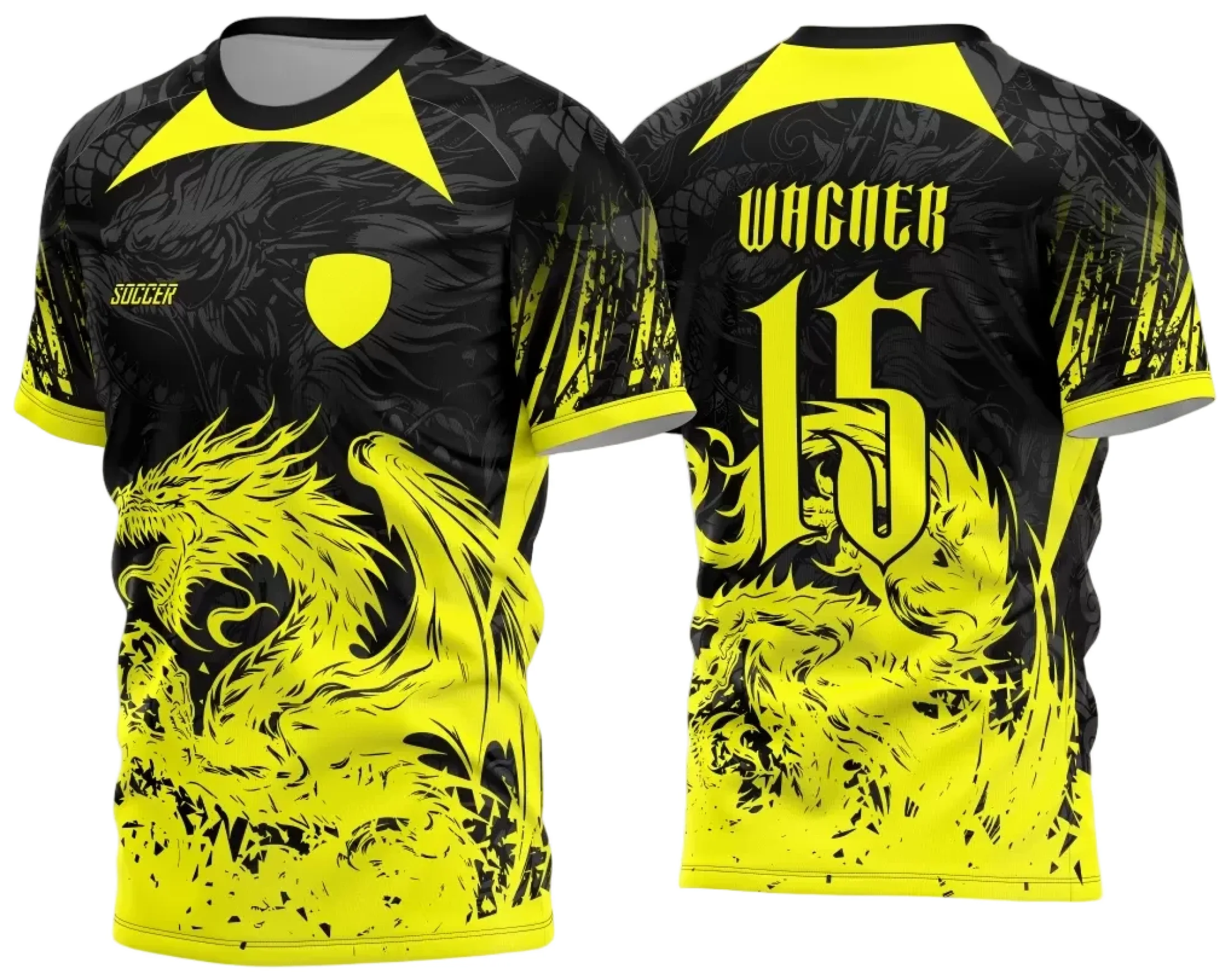 Camiseta unissex preta com logo no peito e estampa grande nas costas com tema Dragão 2024 Interclasse, ideal para eventos e turmas.