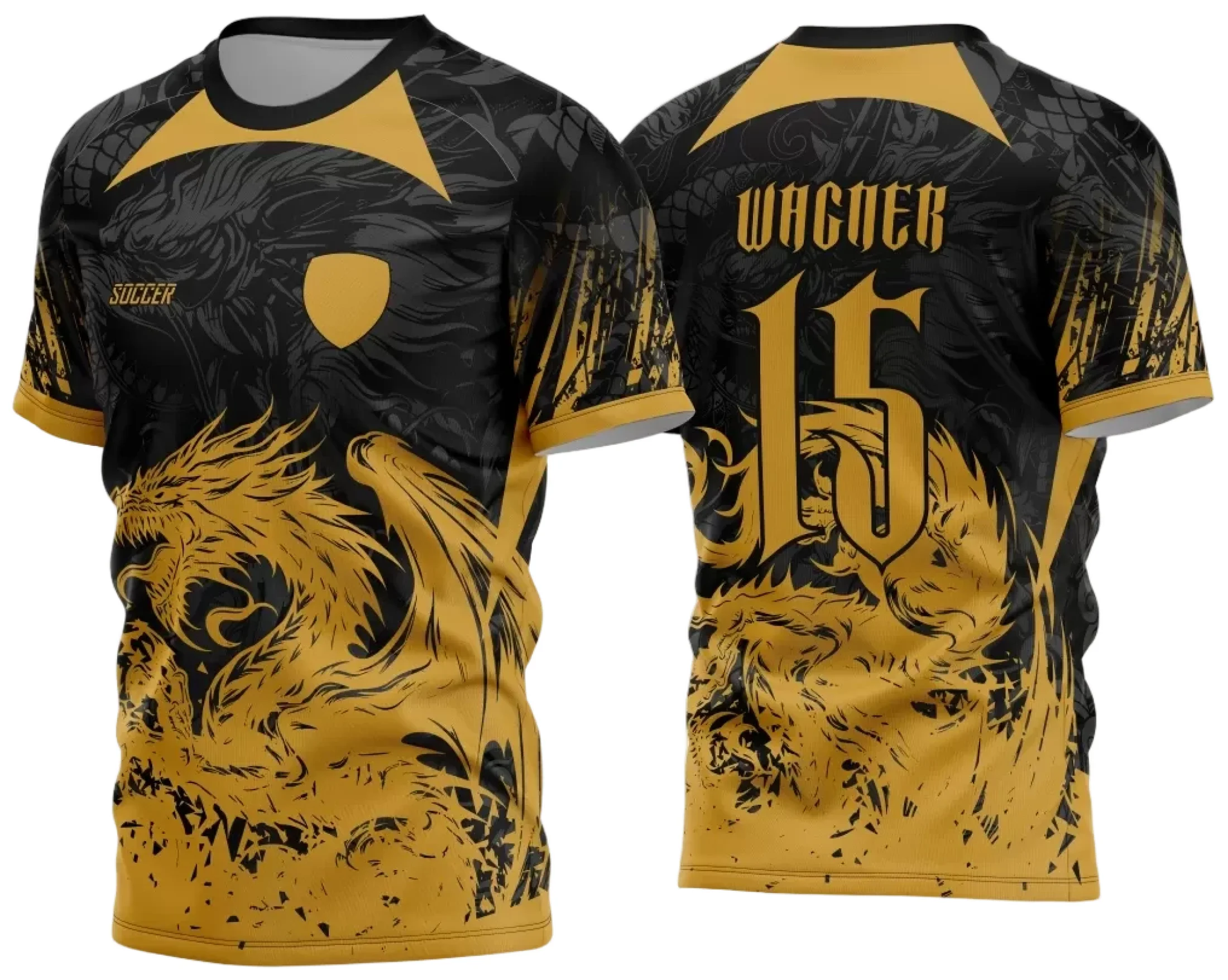 Camiseta unissex preta com logo no peito e estampa grande nas costas mostrando o tema Interclasse Dragão 2024