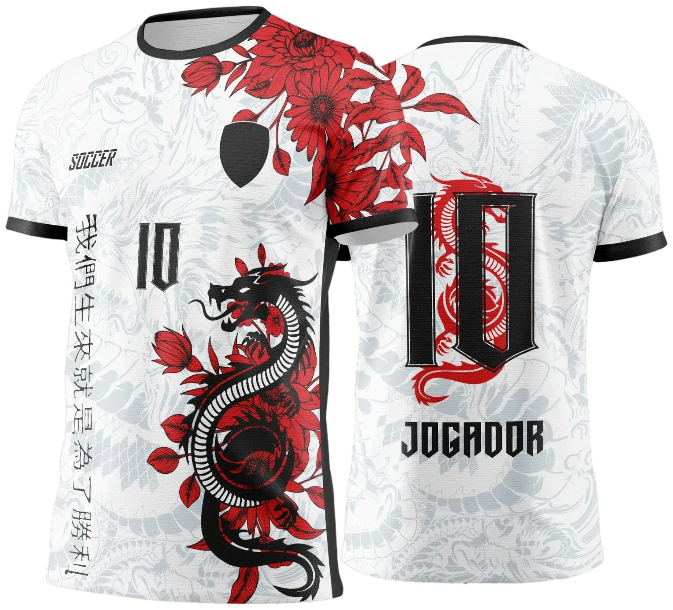 Foto de camiseta unissex branca com logo no peito e estampa grande nas costas mostrando dragão branco decorado com flores vermelhas, ideal para os Jogos Internos 2024-2025.