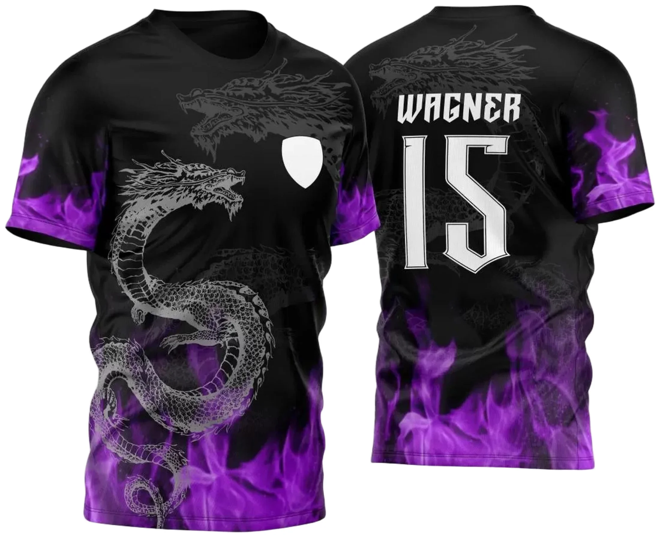 Camiseta preta unissex com logo no peito e estampa grande nas costas mostrando dragão em chamas vibrantes, design inspirado no tema InterClasse Dragão e Fogo 2023.