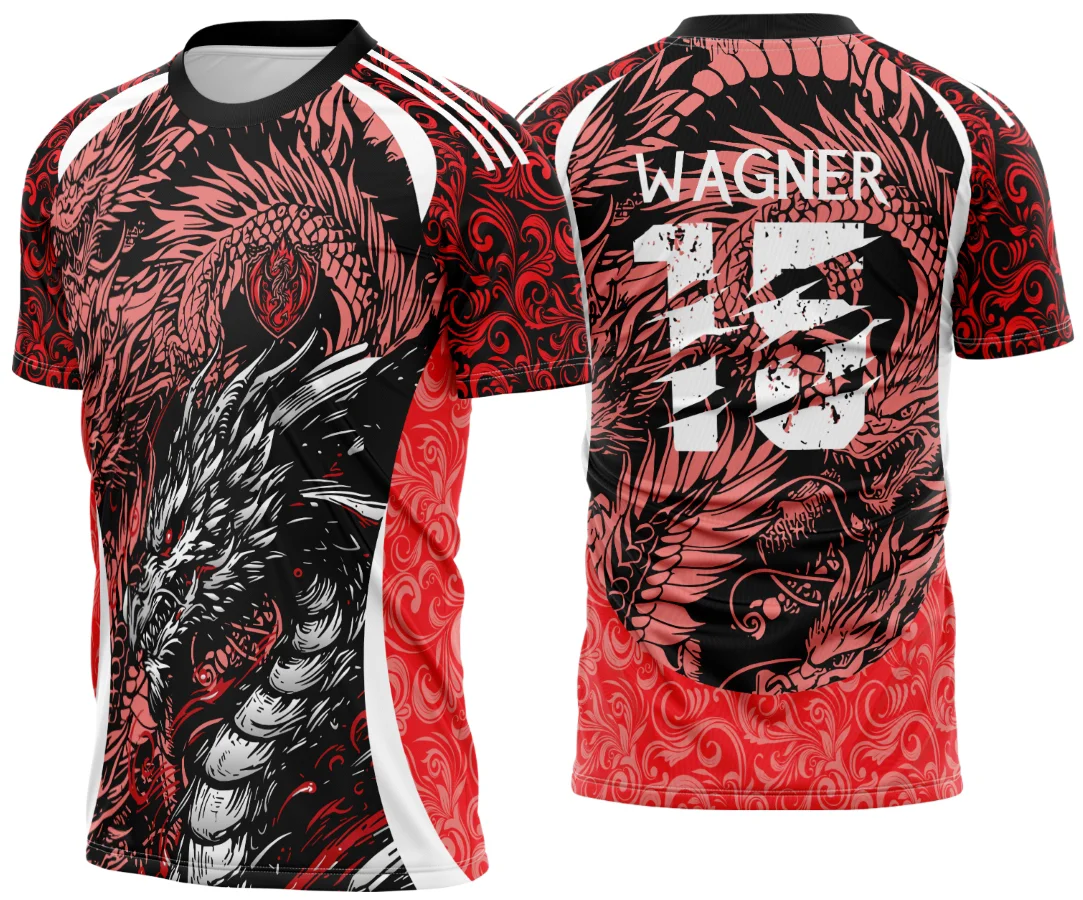 Camiseta unissex preta com logo no peito e estampa grande nas costas do Dragão Negro em tons laranja, design impactante para o Interclasse 2025.